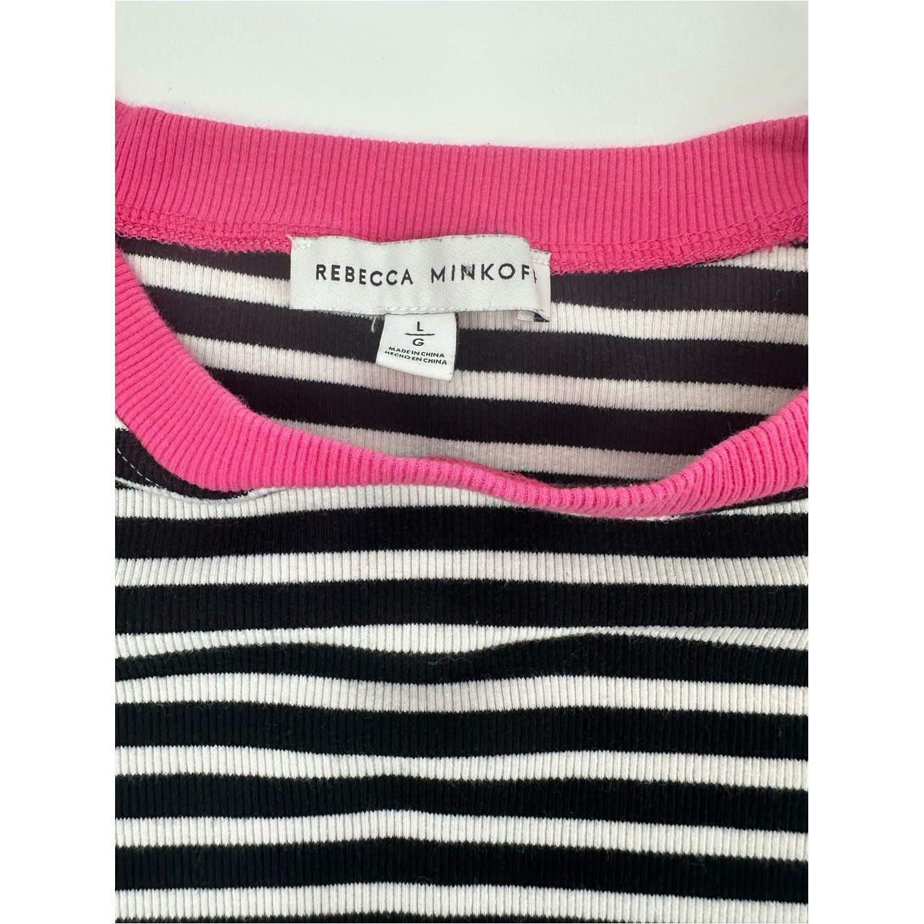 Rebecca Minkoff Ribbed Striped Puff Sleeve Top Large Black White Pink Cotton Str