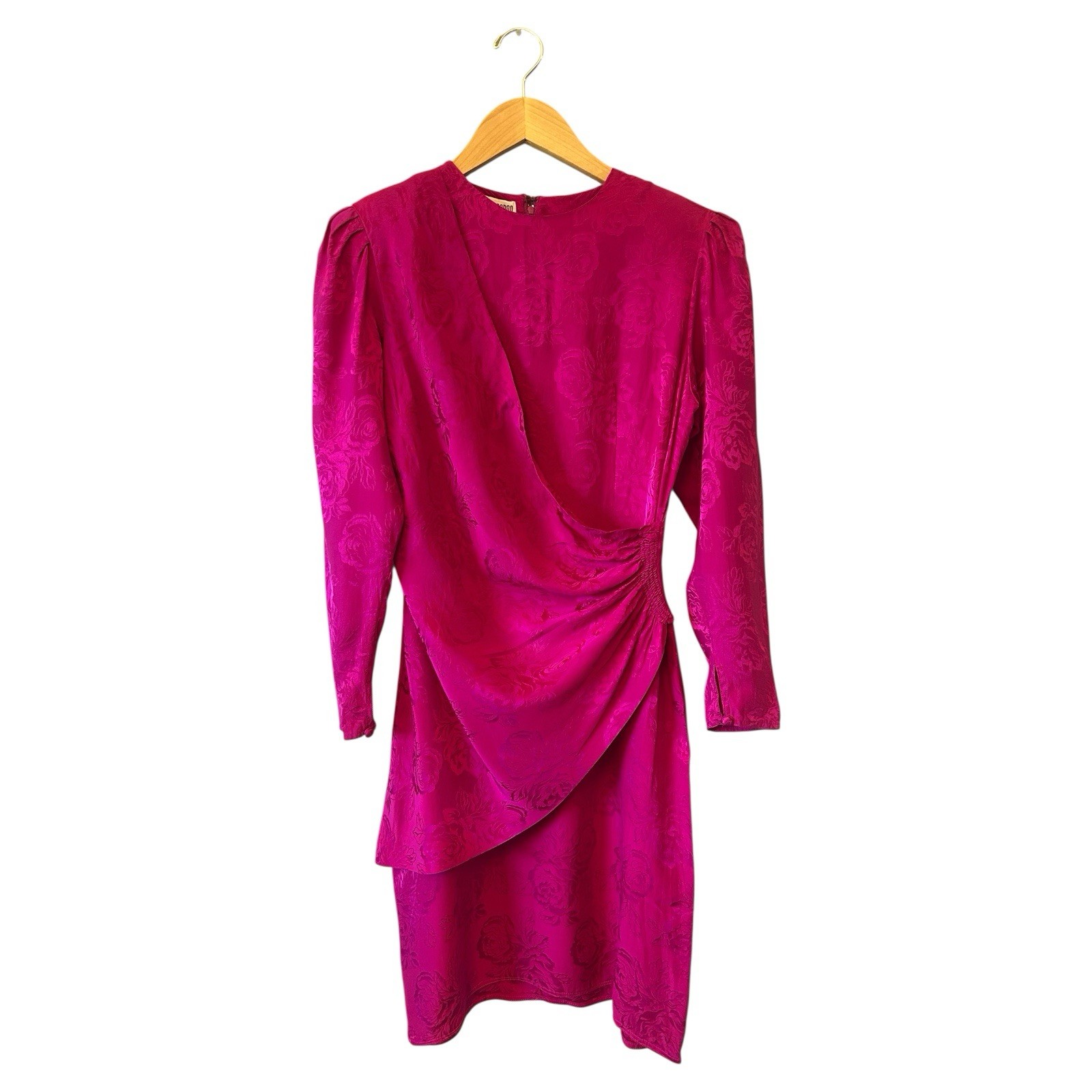 Vintage 1980s MAGGY LONDON Fuchsia Pink 100% Silk Faux Wrap Dress Sz 4