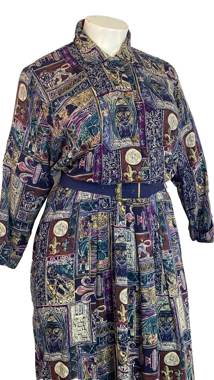 Vintage 1980s novelty print midi dress XL rayon long sleeve plus size purple