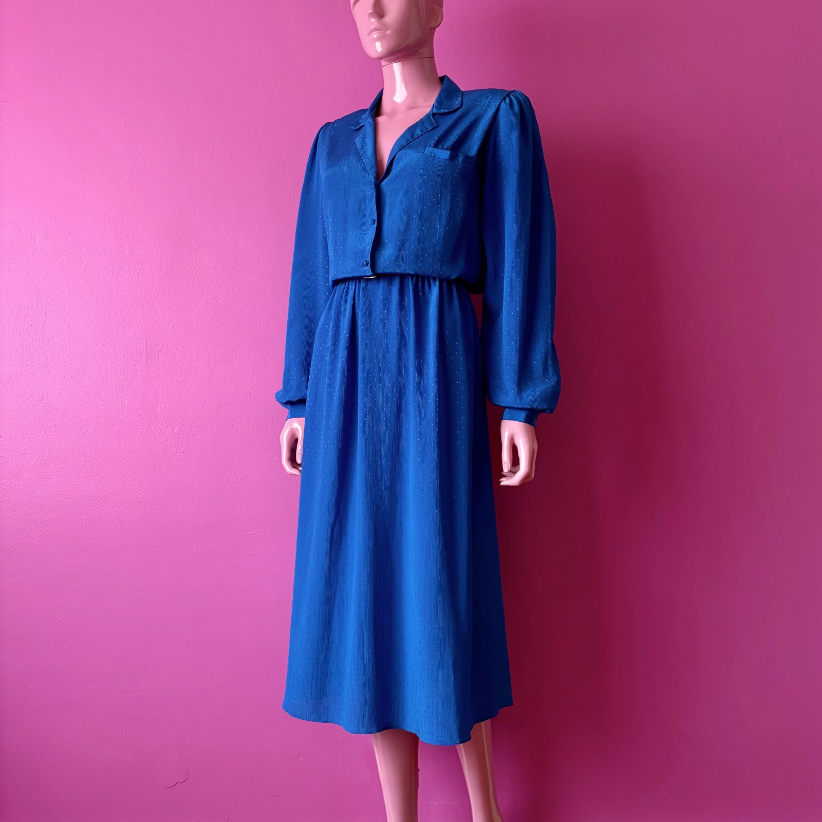 Vintage 80s L Secretary Dress: Cobalt Blue Satin Midi Vneck Blouson with Elastic
