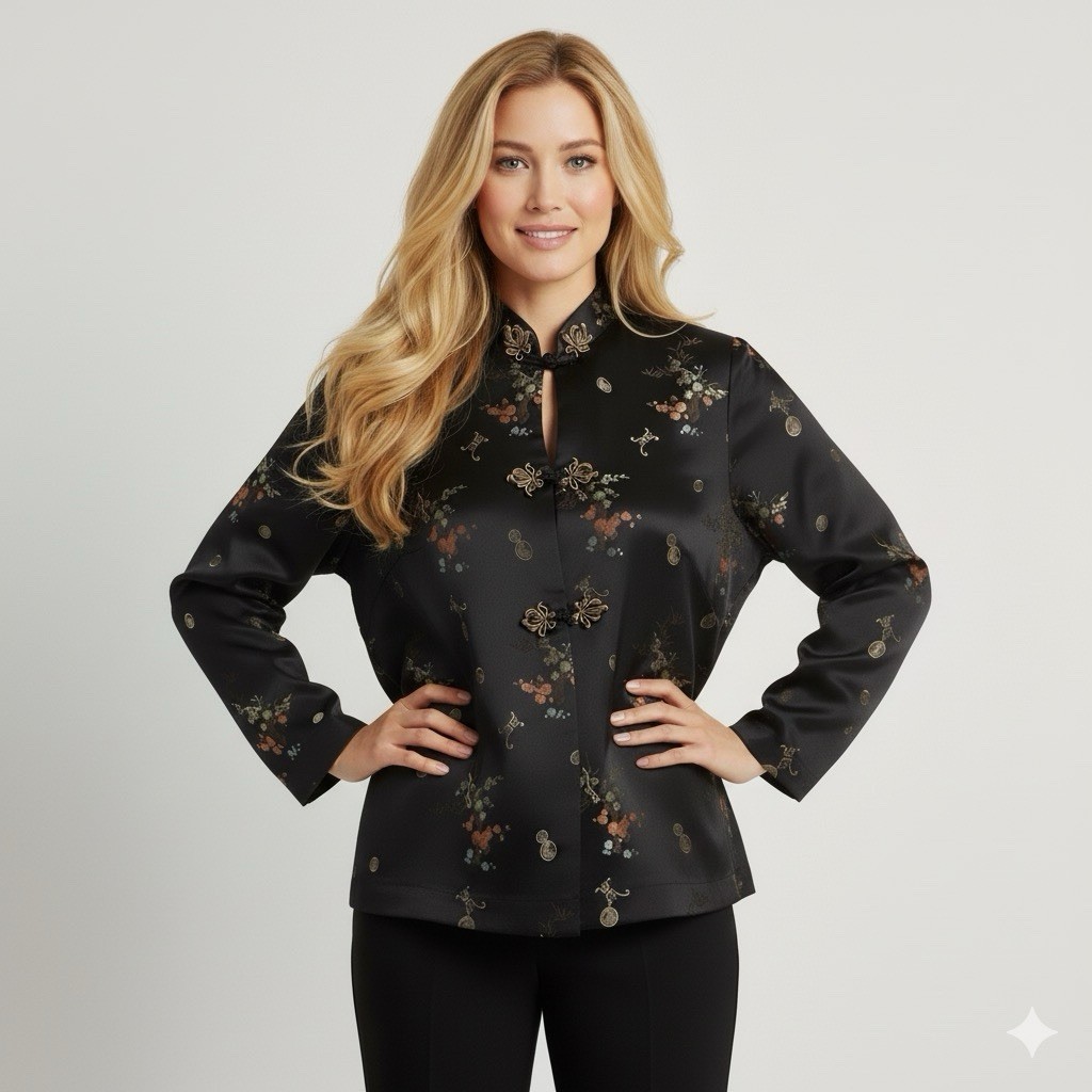 Vintage Chinese Black Satin Brocade Light Jacket – Small