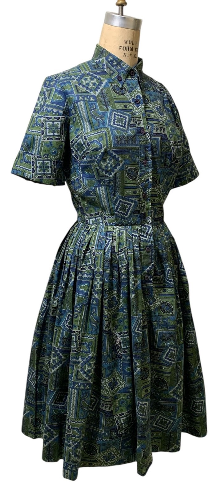 Vintage 60s Women’s SS Blue Green Paisley Cotton Shirtwaist Dress – Sz M