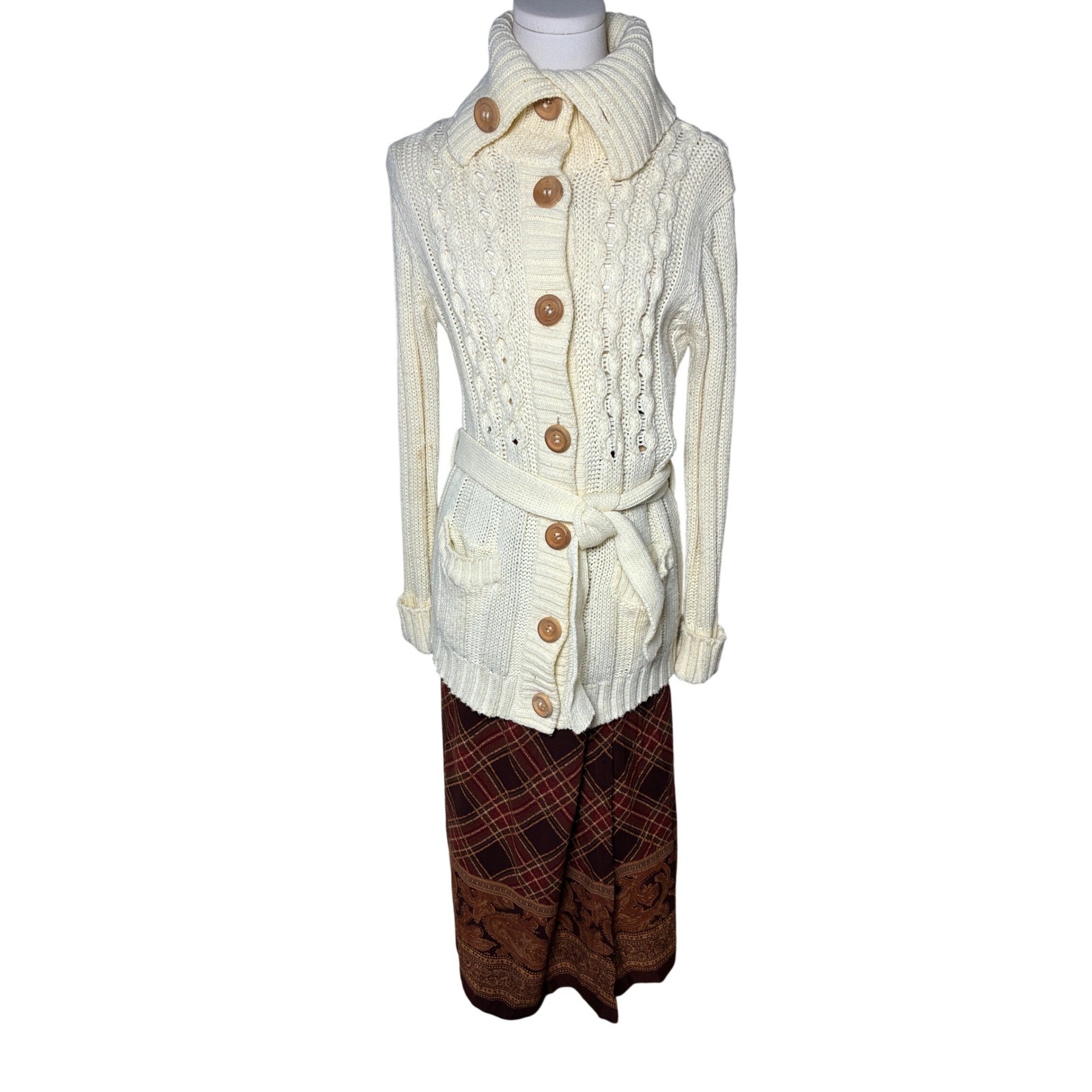 Vintage Belted Cable Knit Portrait Collar Cardigan Cream Korea M Medium