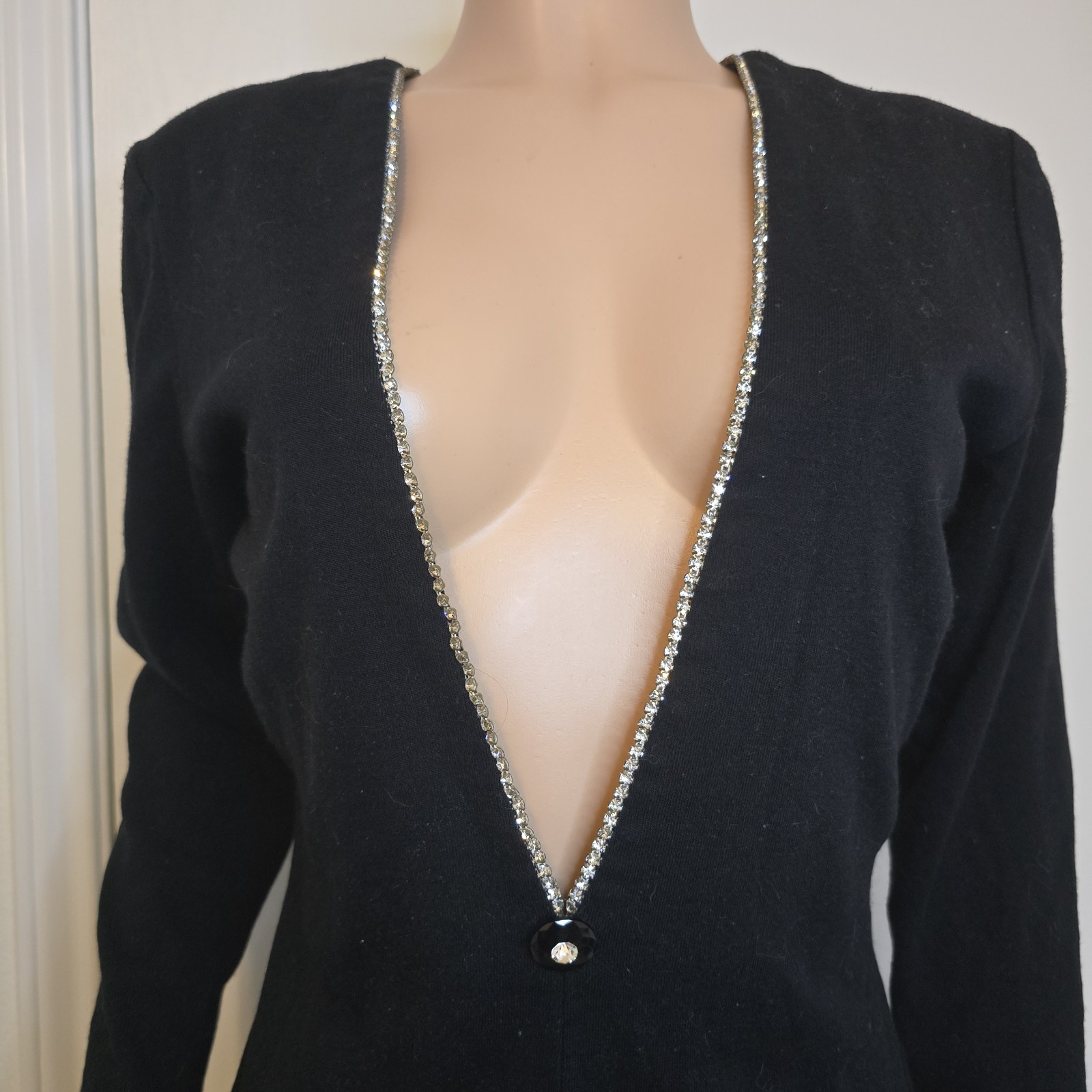 VTG Deep V-Neck Dress Embellished Long Sleeve Black Rhinestones Approx Sz L
