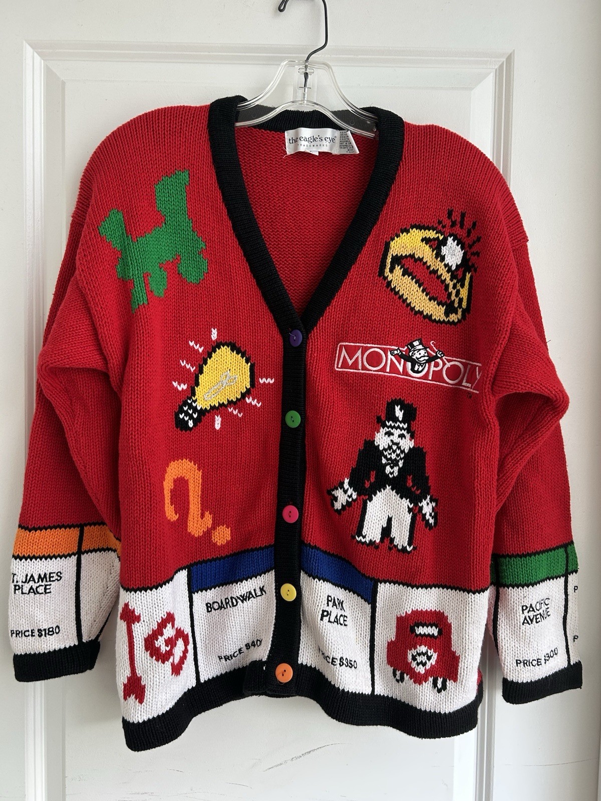 Vtg The Eagle’s Eye MONOPOLY BOARD GAME knit cardigan Women’s Size L RARE