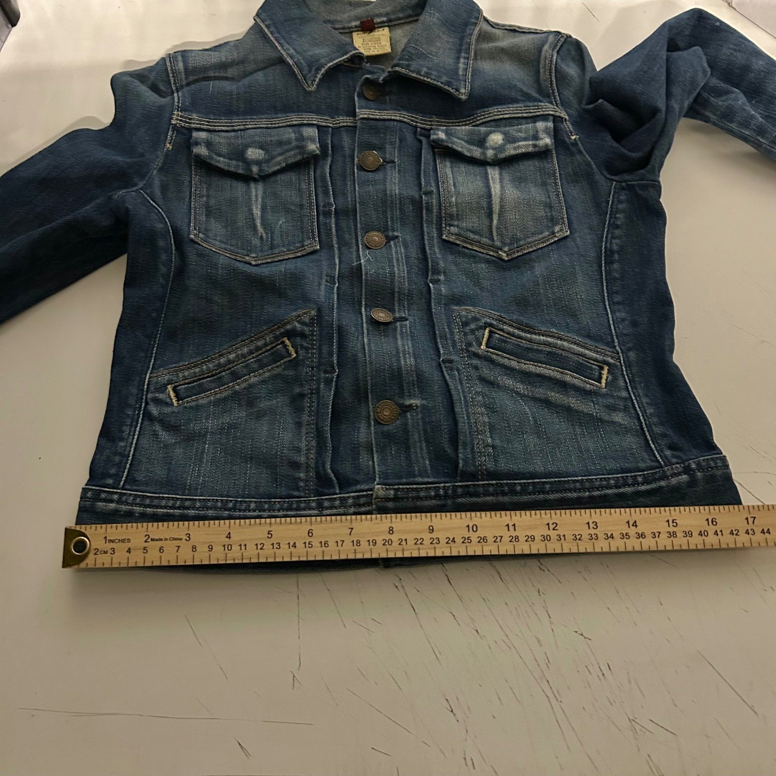 Vintage USA made 7 For All Mankind Denim Trucker Jacket Medium Wash Cinch
