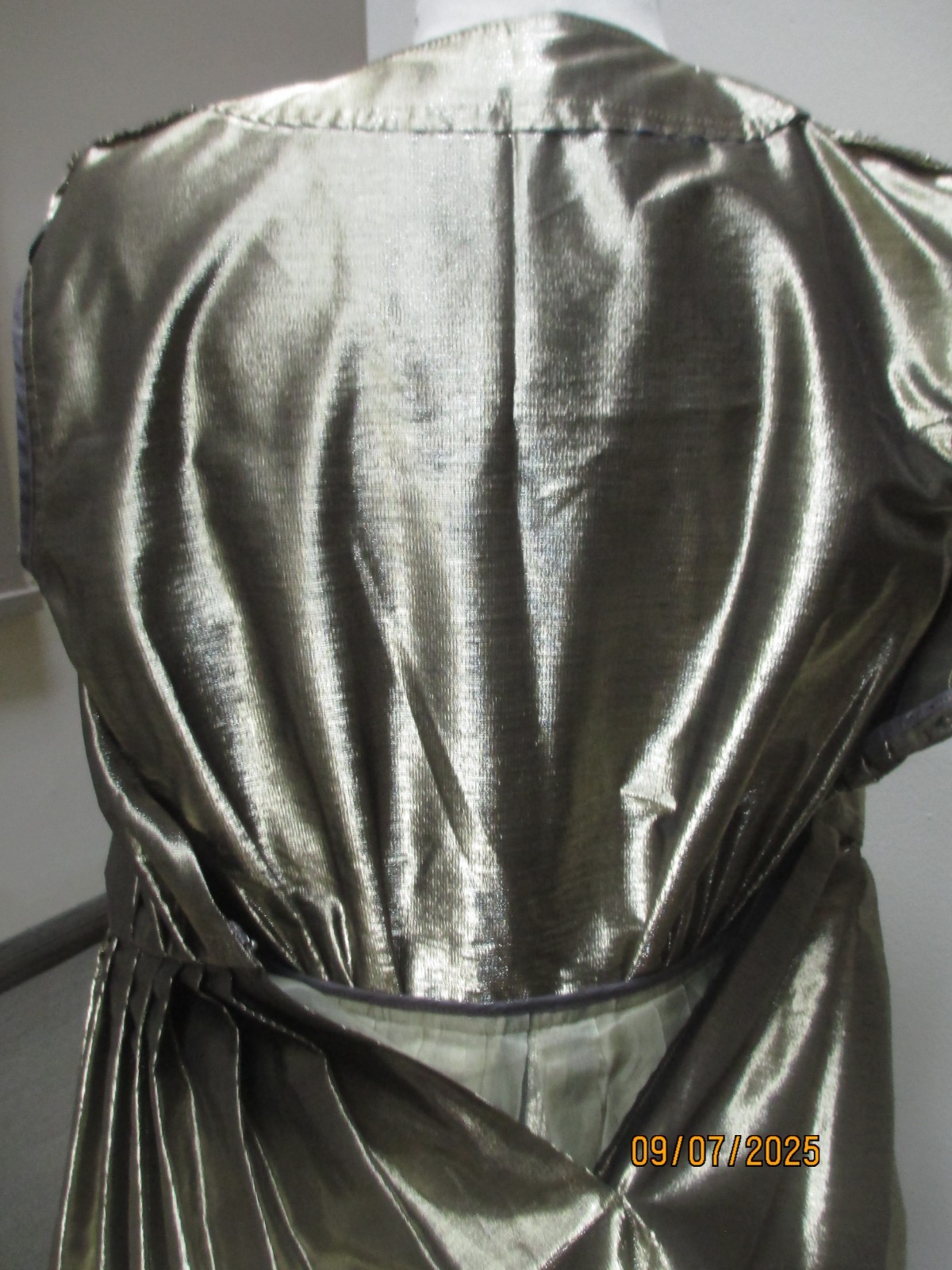 Handmade gold metallic vintage dress 1950s, sz M, surplice neckline w pleating