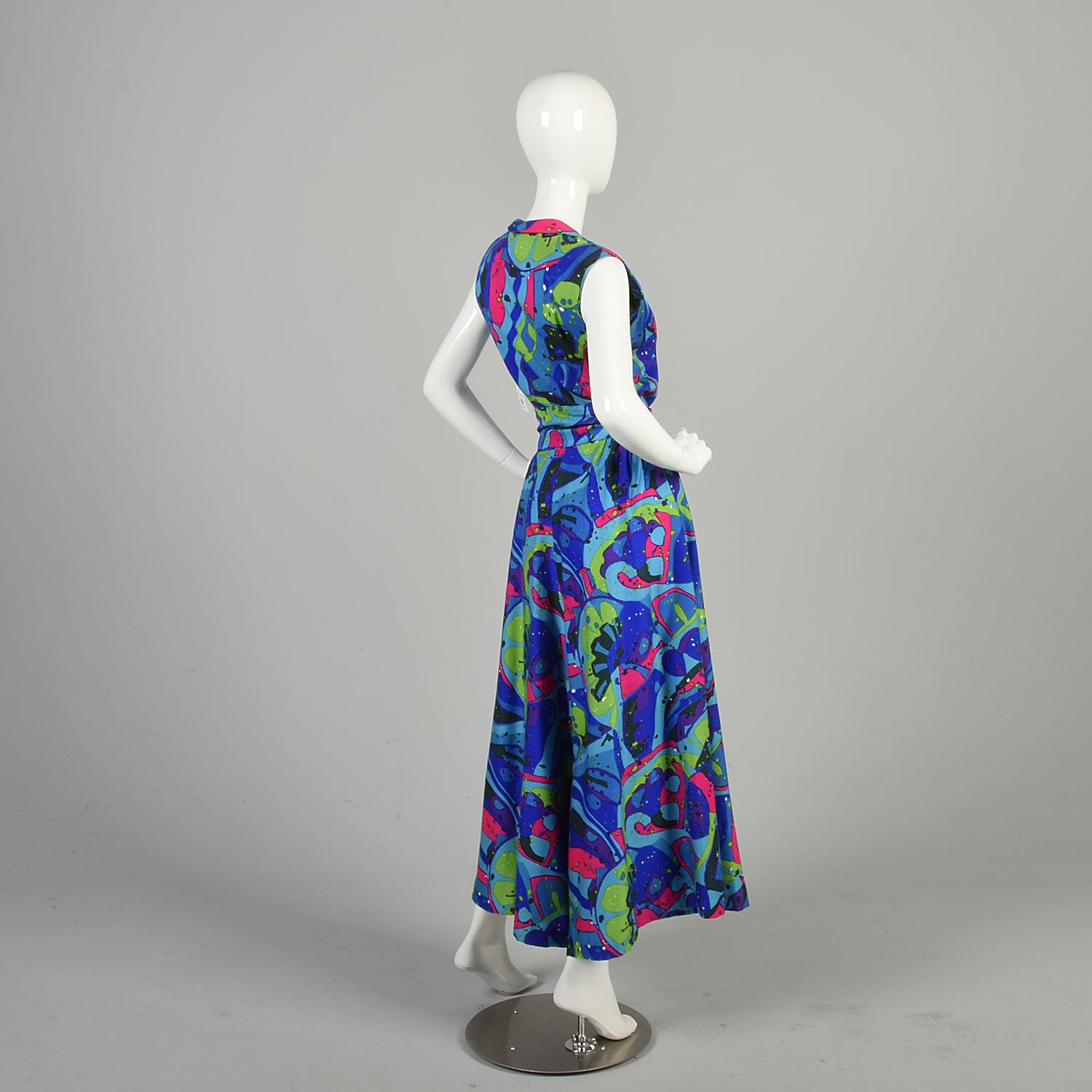 Small 1970s Jumpsuit Hawaiian Abstract Neon Wide Leg Belted Sleeveless Jumpsuit