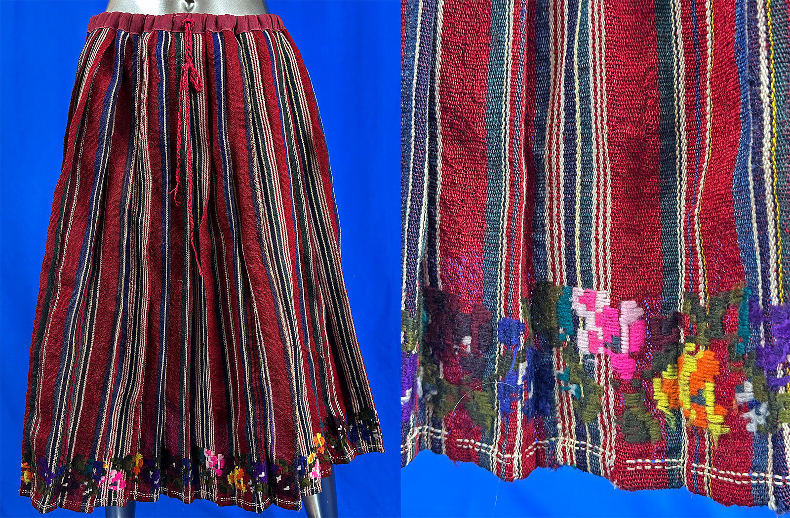Antique Bulgarian Embroidered Woven Wool Striped Pleated Folk Costume Skirt VTG