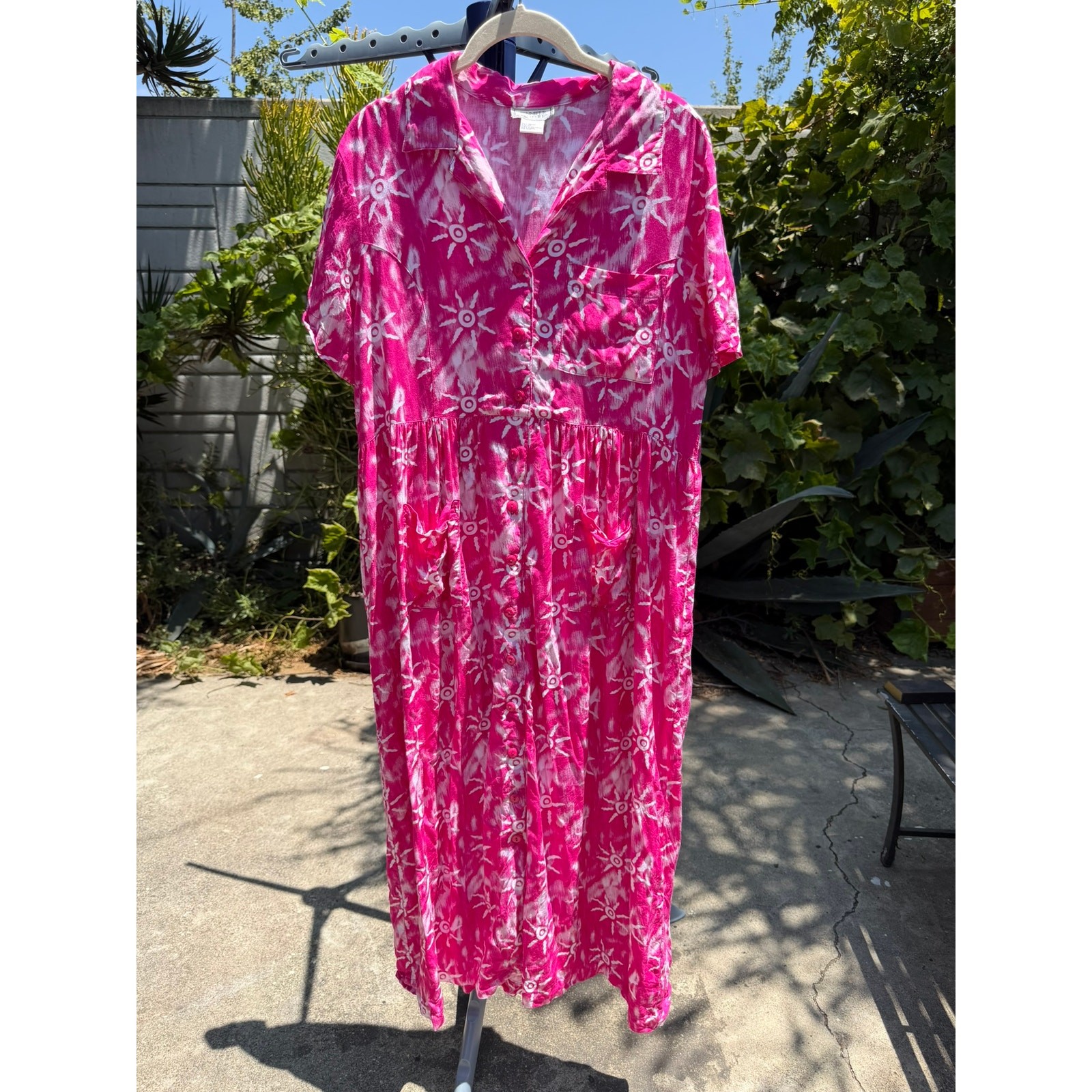 Vintage 90s Shirt Dress Medium Hot Pink White Sunbursts Jennifer Moore