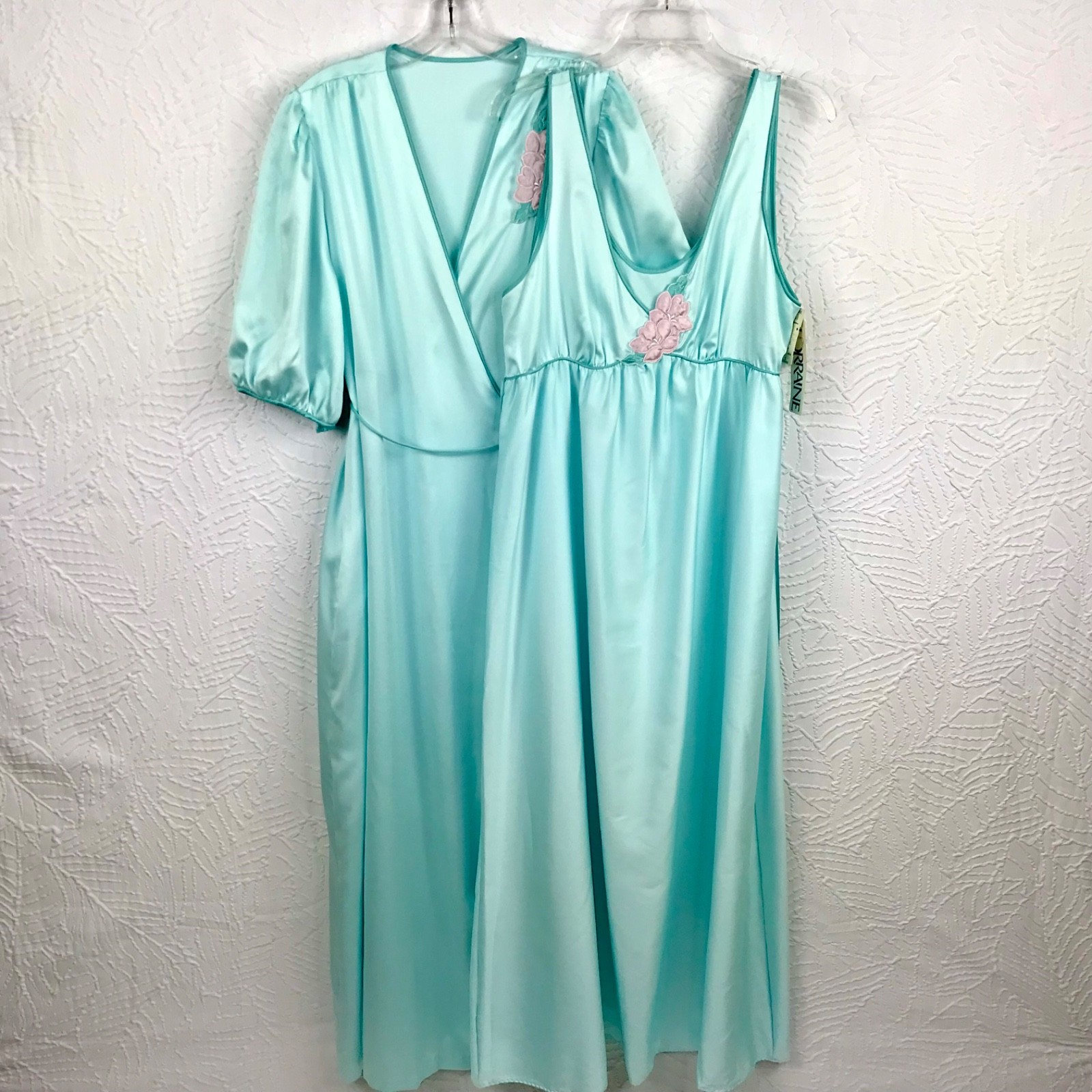VTG LORRAINE Glamourous Lace Aqua Peignoir Long Robe Nightgown Set Size L NWT