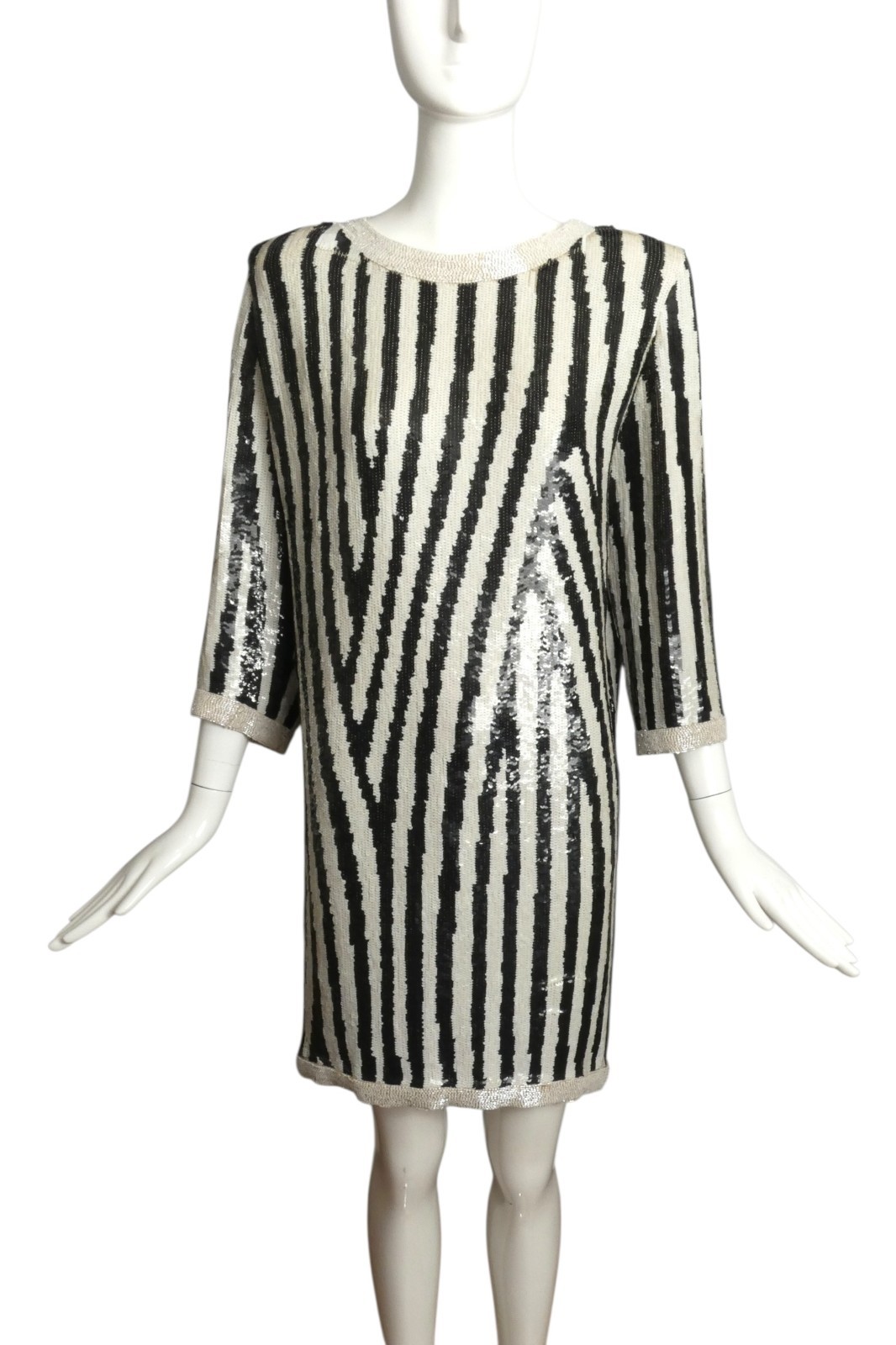 PIERRE CARDIN – 1985 Black & White Sequin Cocktail Dress, Size 10