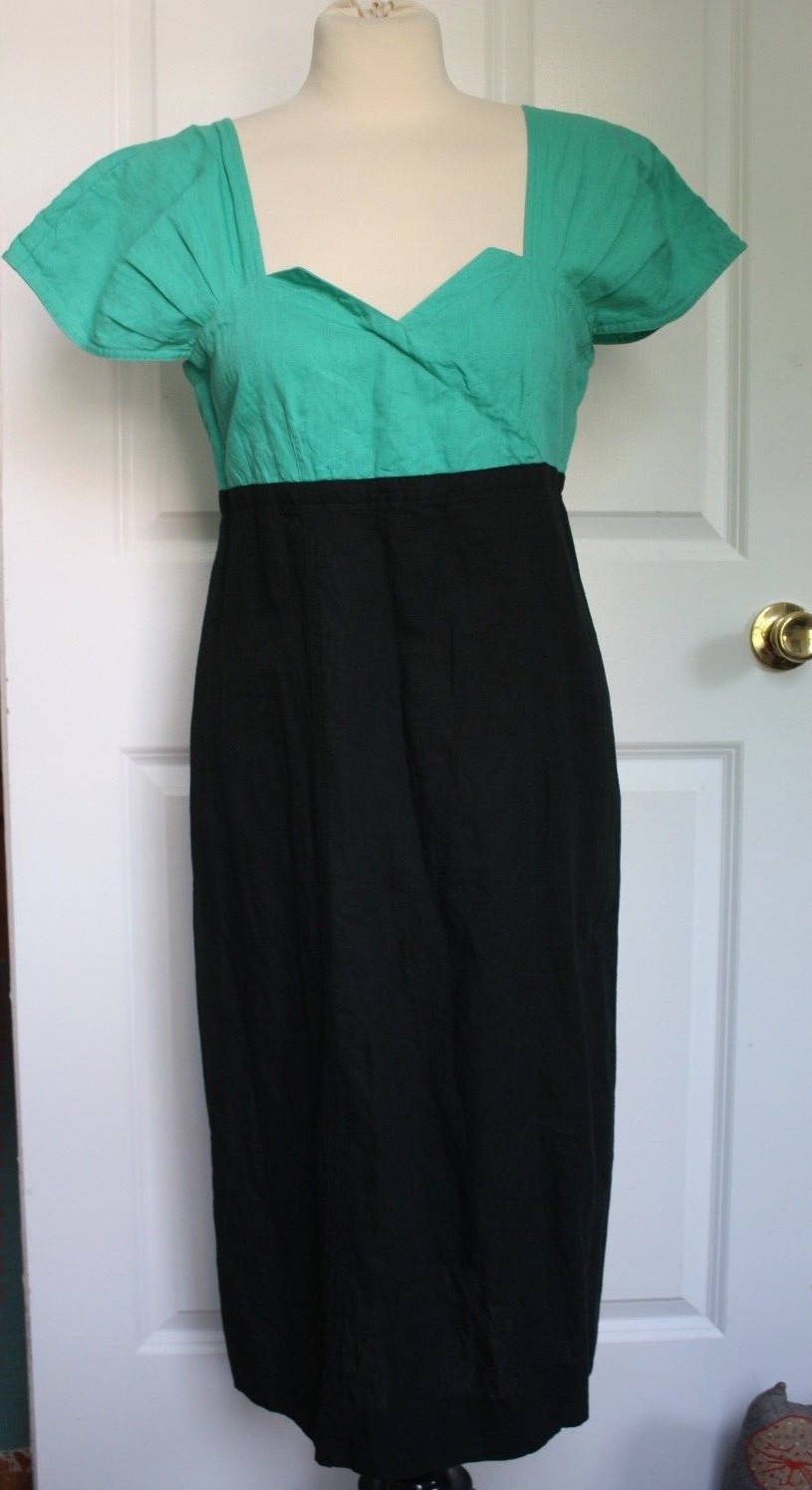 Vtg Mirta Del Pineto 46 Cap Sleeve Cotton Linen Green Black Dress Italy