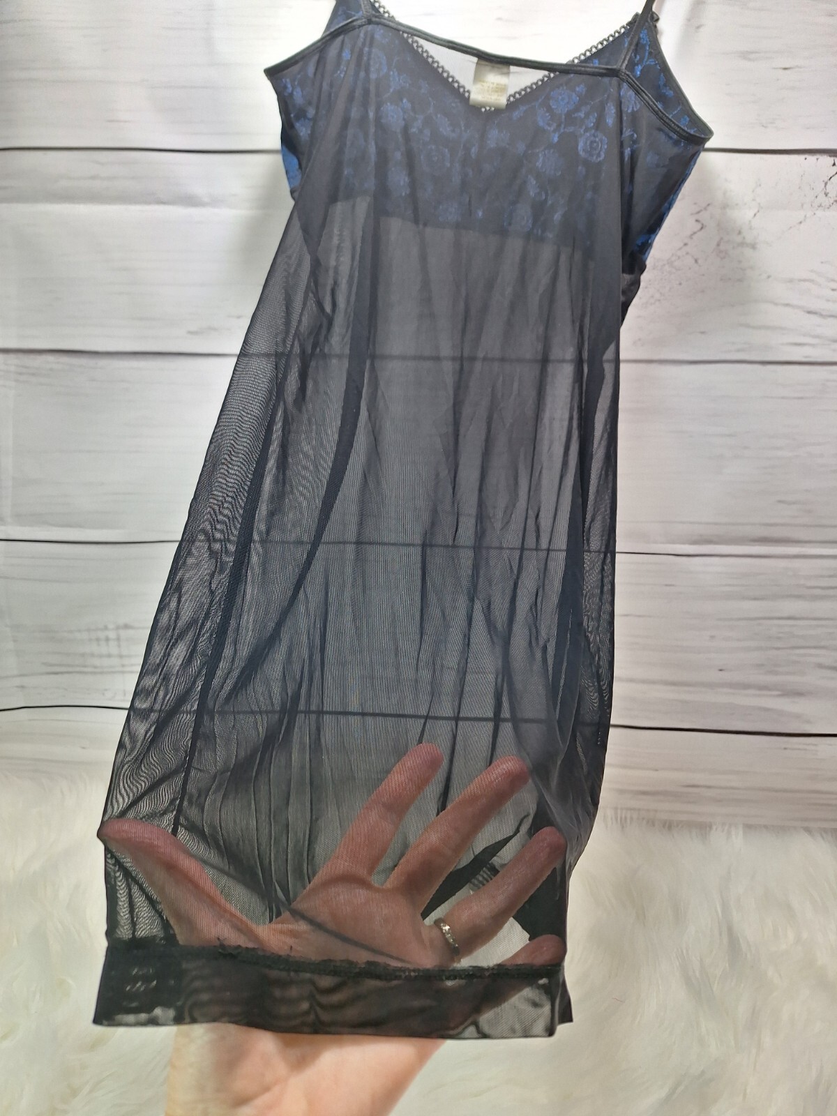Vintage Blue & Black Lingerie Nightie Negligee with Spaghetti Straps, Size M/6