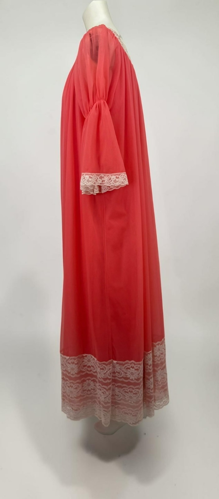 VTG L/XL Miss Elaine Coral Db Sheer Chiffon Peignoir Robe Nightgown Set Bell Slv