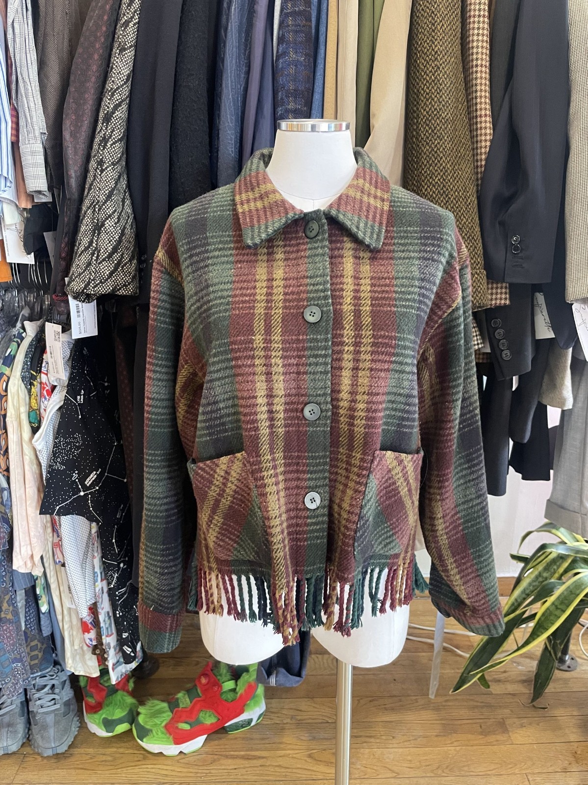 Vintage 80s Plaid Wool Cropped Fringe Jacket
