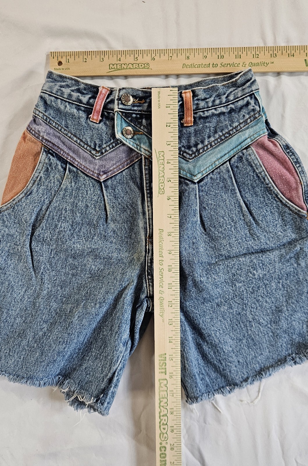 Vtg 80s Nuovo County Seat Colorblock Denim Shorts Cutoff Pleated High Rise 7/8