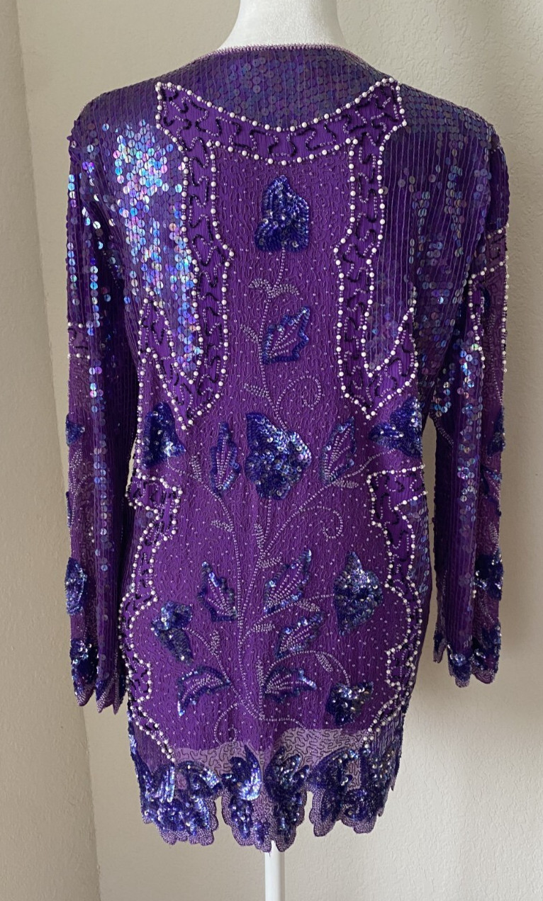 Maharaj by Cotton Candy SZ Small Purple 100% Silk Sequin Jacket Floral w Pearls