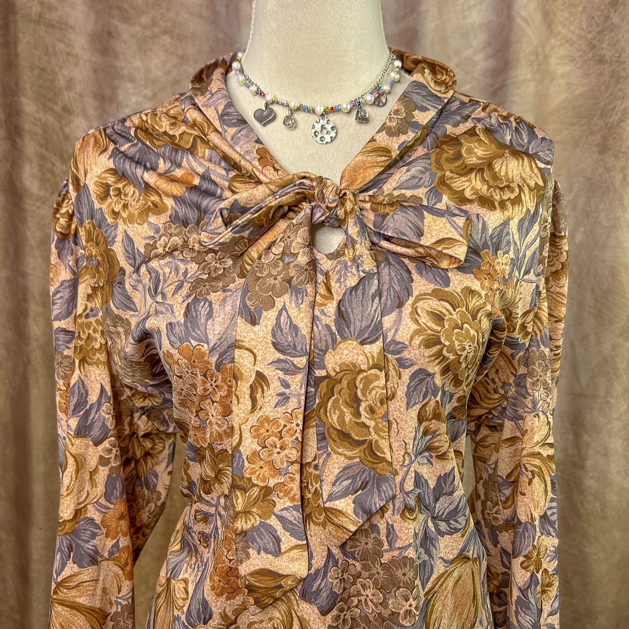 Vintage 70s Polyester Blouse Floral Tie Neck Earthy Multicolor Retro Disco