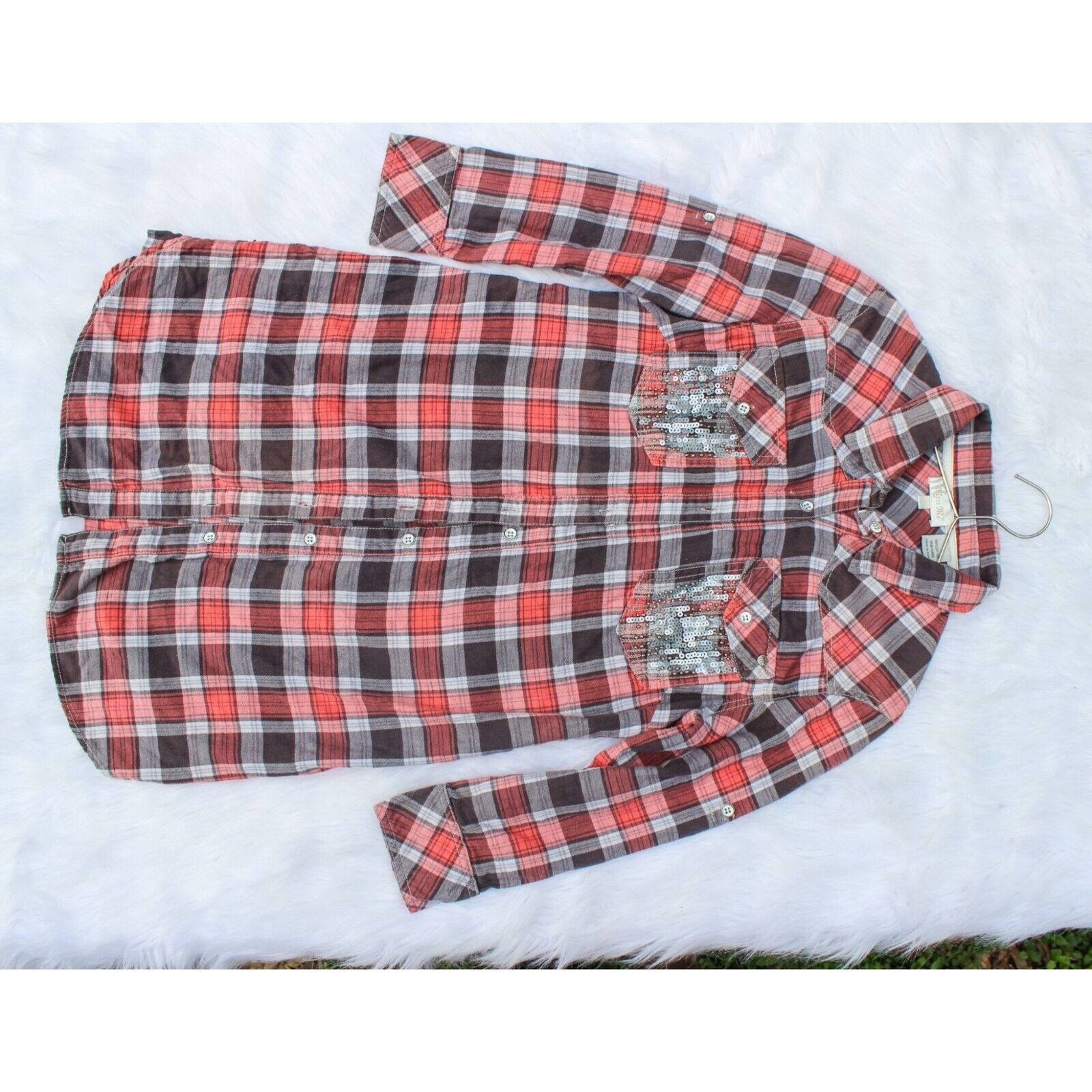 Y2K Vintage Miss Me Plaid Button-Down Shirt Dress W/ Sequin Pockets Size S