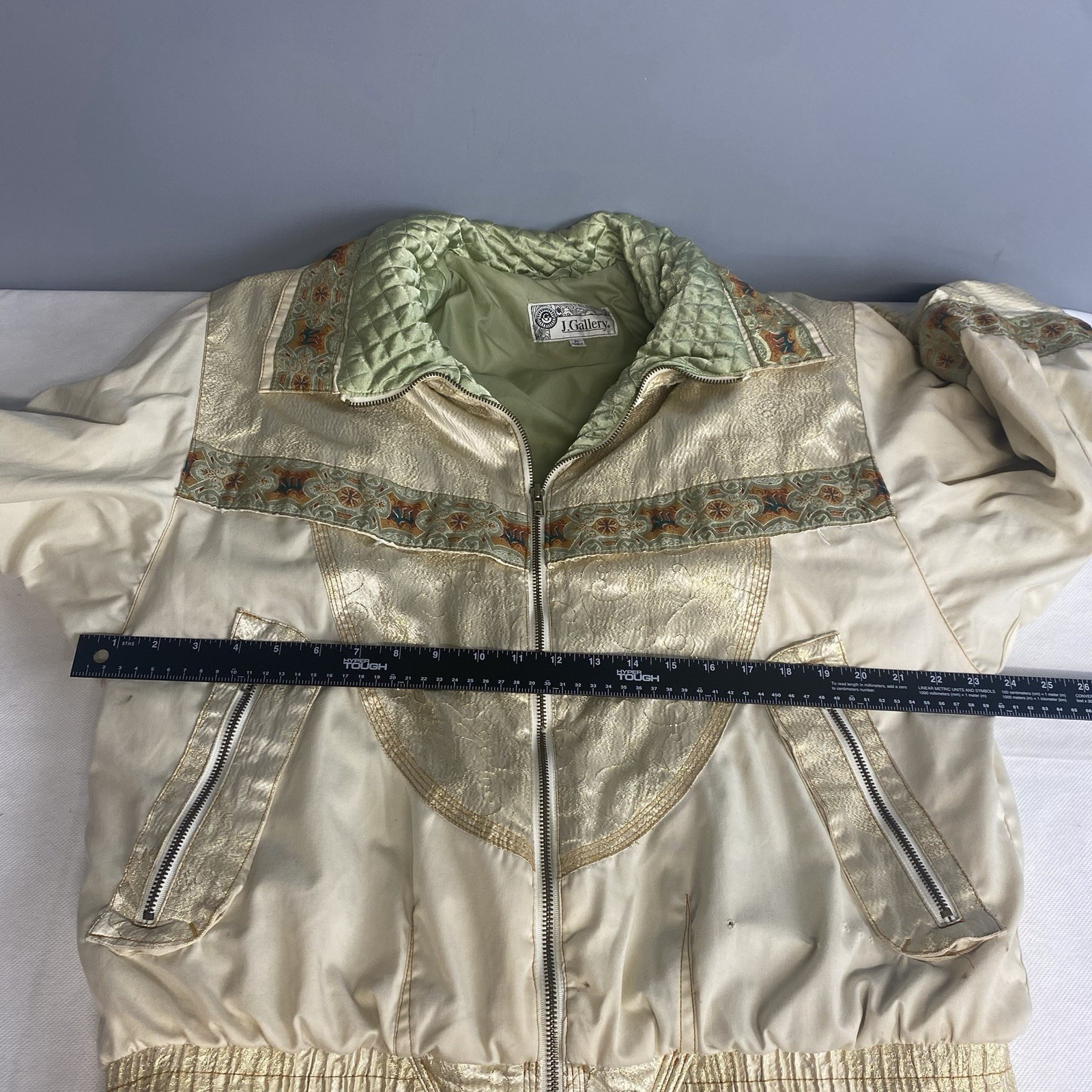 Vtg J. Gallery Puffer Jacket Coat Medium Beige Green Retro Bomber 80s Flaw