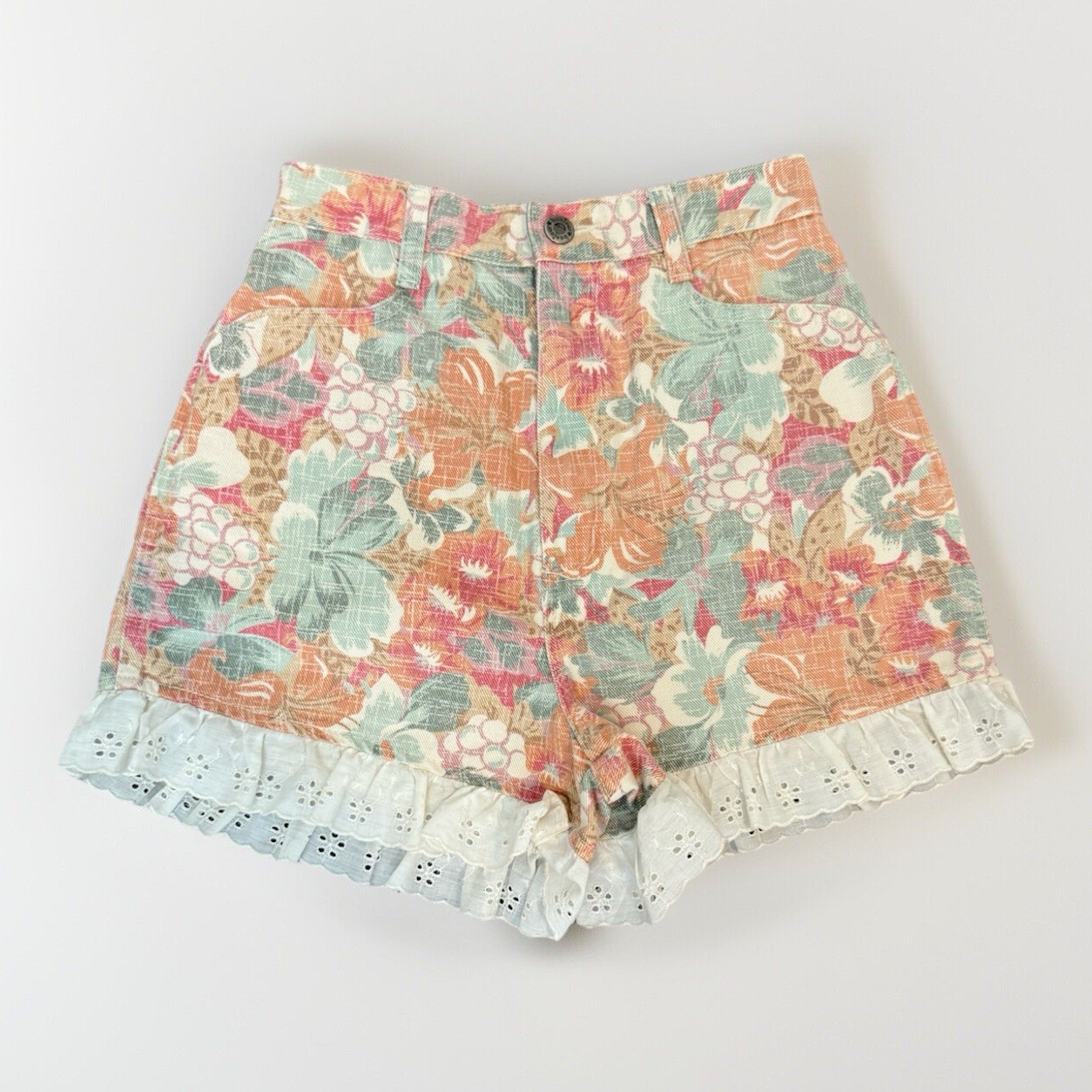Vintage 80s Bonjour Pastel Floral Shorts w/ Eyelet Lace Trim, Size XS