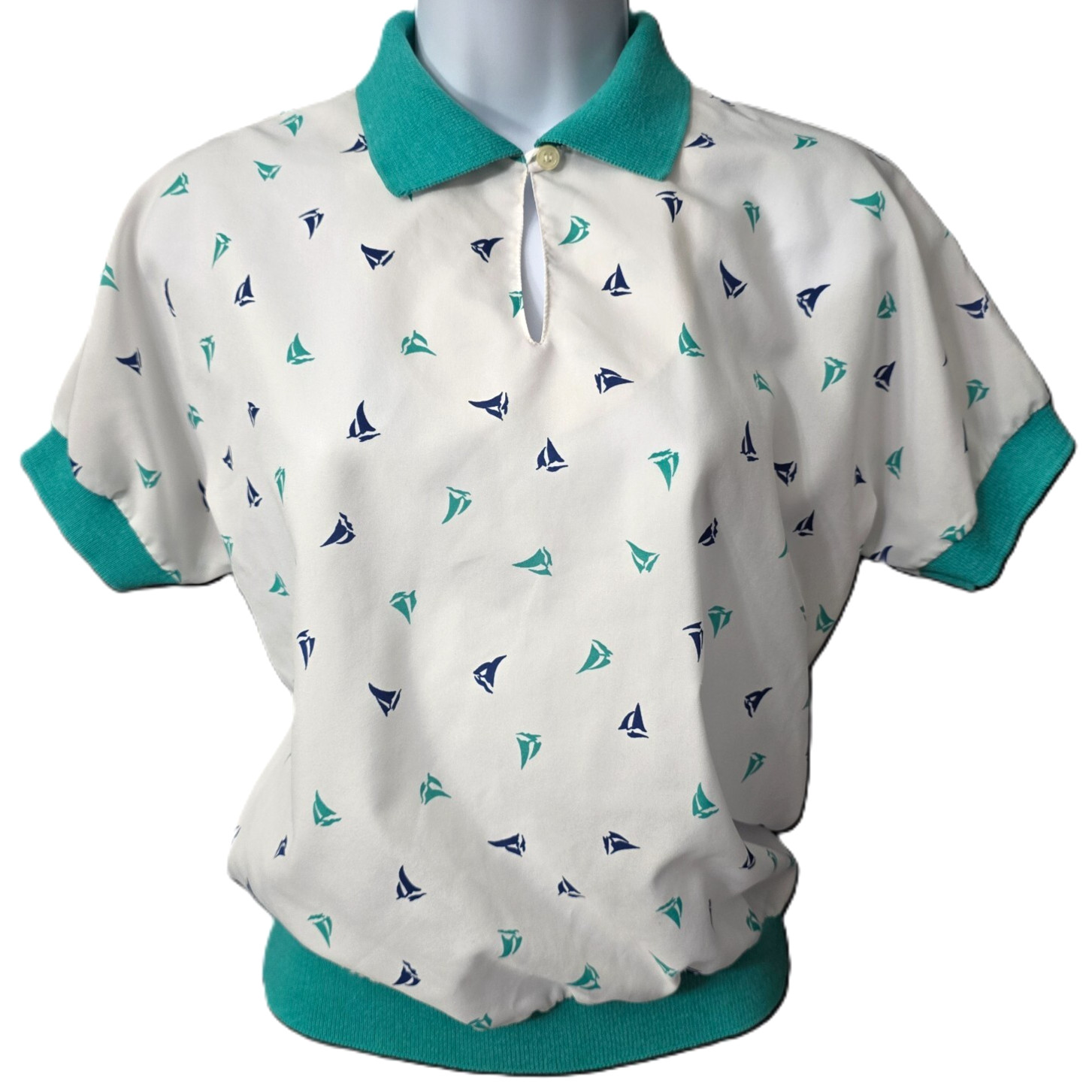 Vintage Preppy Nautical Sailboat Shirt S M Keyhole Polo Polyester USA Lady Arrow