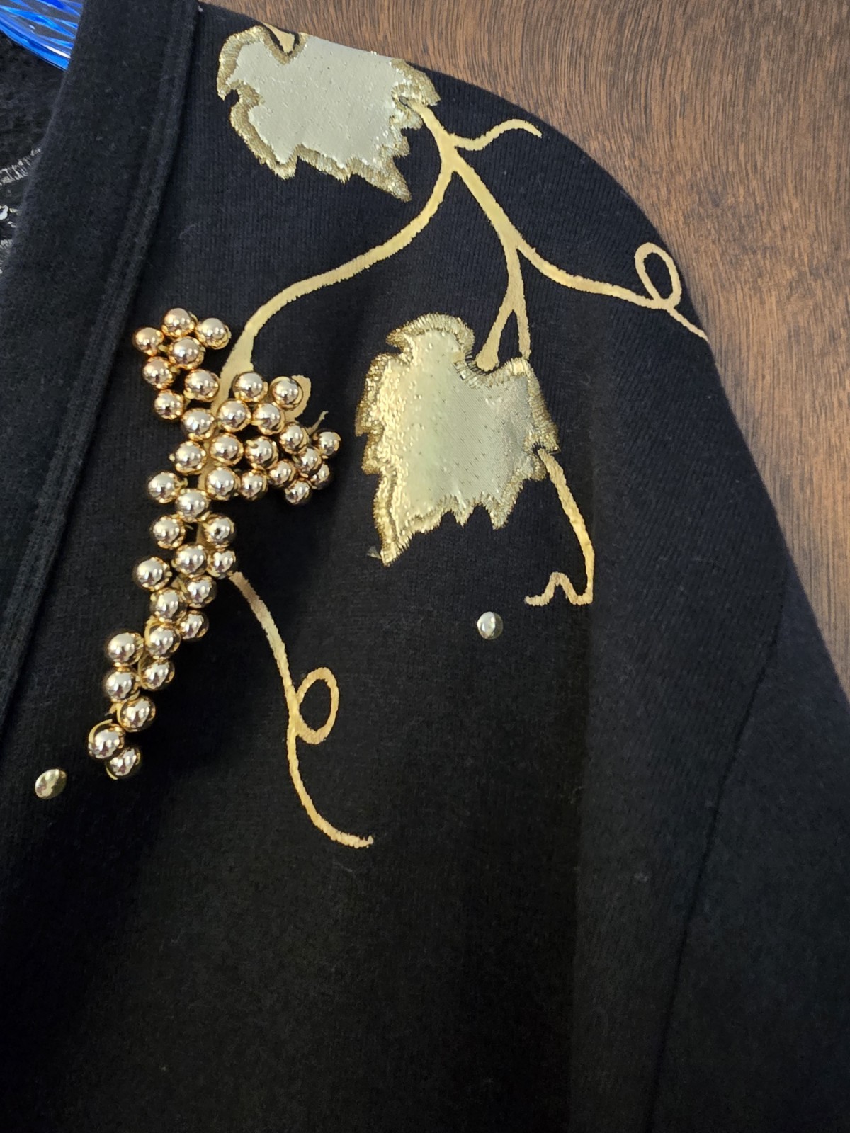 Vintage Jerzees Black Cardigan with Gold Grape Beads Pattern Signed TZC OS READ