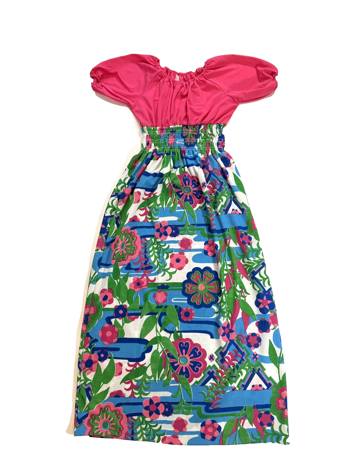 VTG Women’s Pink Blue Green Mod Floral Stretch Peasant Top Maxi Dress Sz S-M