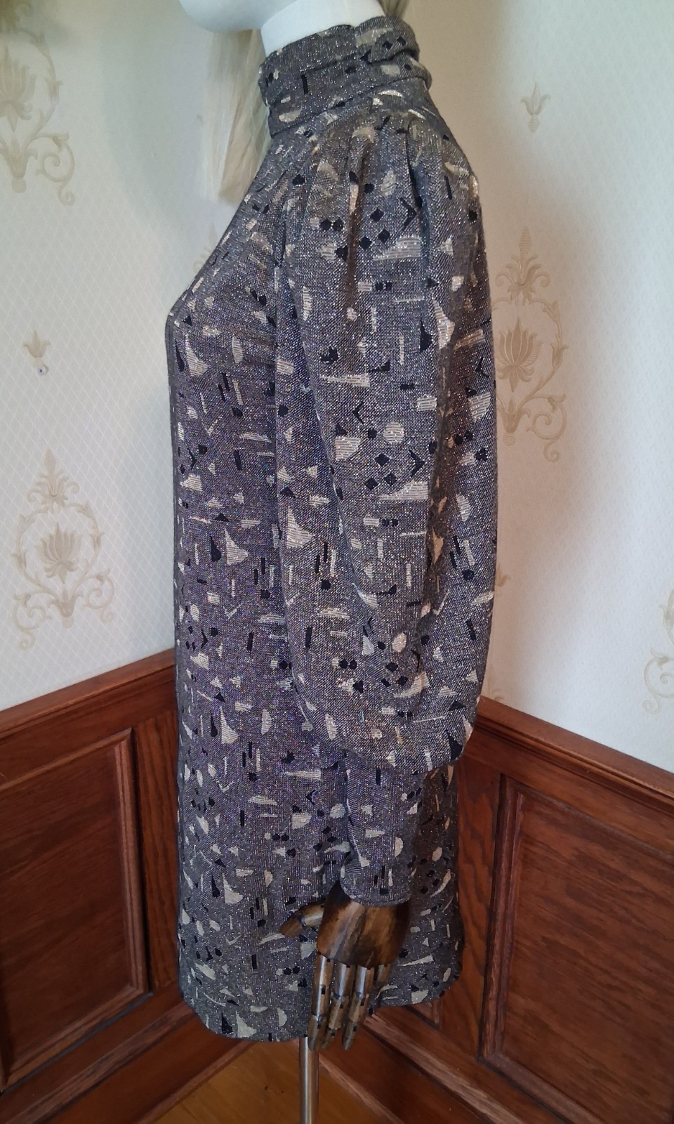 Vintage 80s All that Jazz Metallic Gold New Wave Puff Sleeve Bodycon Mini Dress