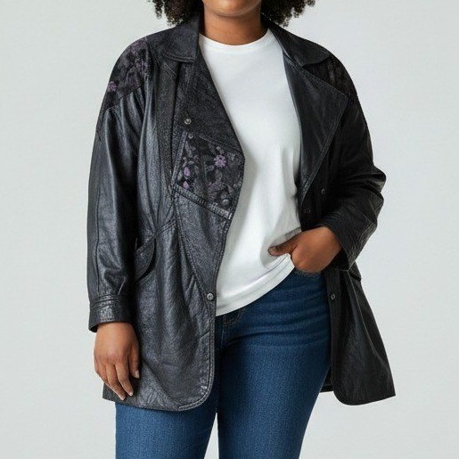 Vintage DNK Design Leather Women Jacket S Black Floral Lace Retro 80s Goth