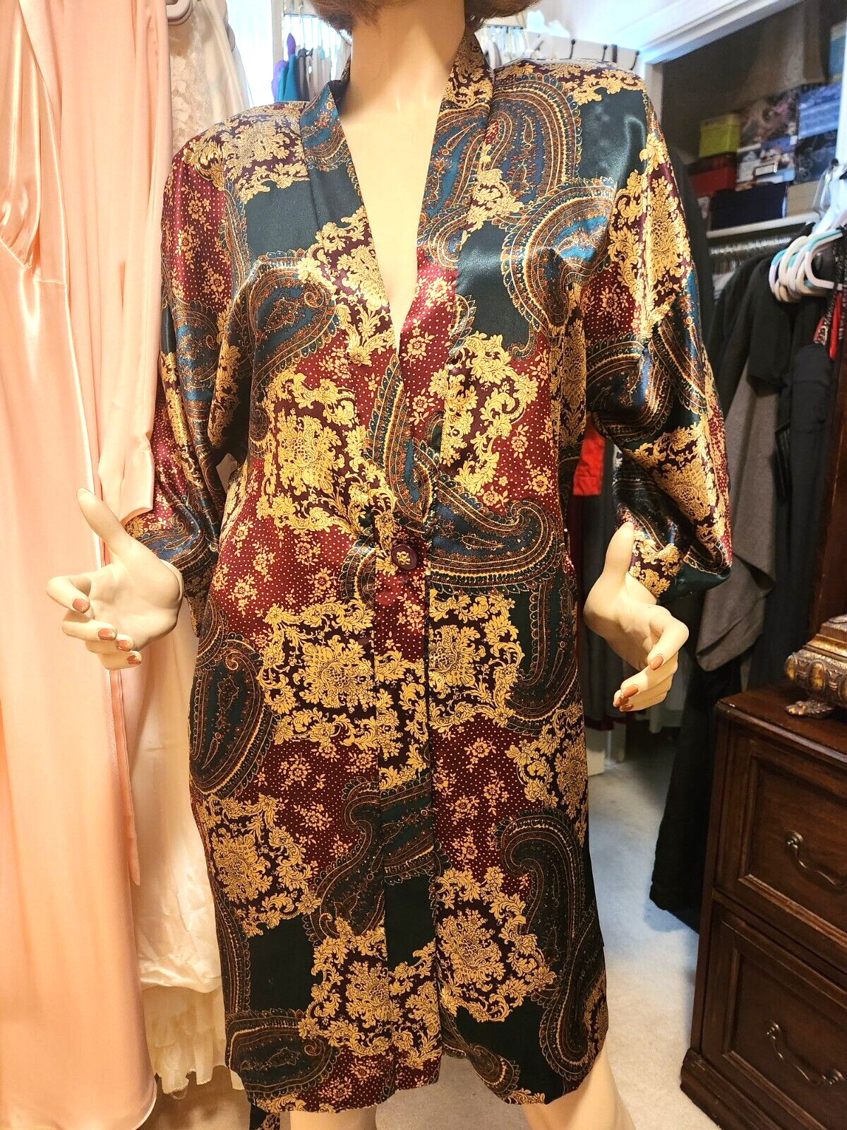 Vtg Sz L California Dynasty Shiny Green Wine Multi Paisley Satin Wrap Robe