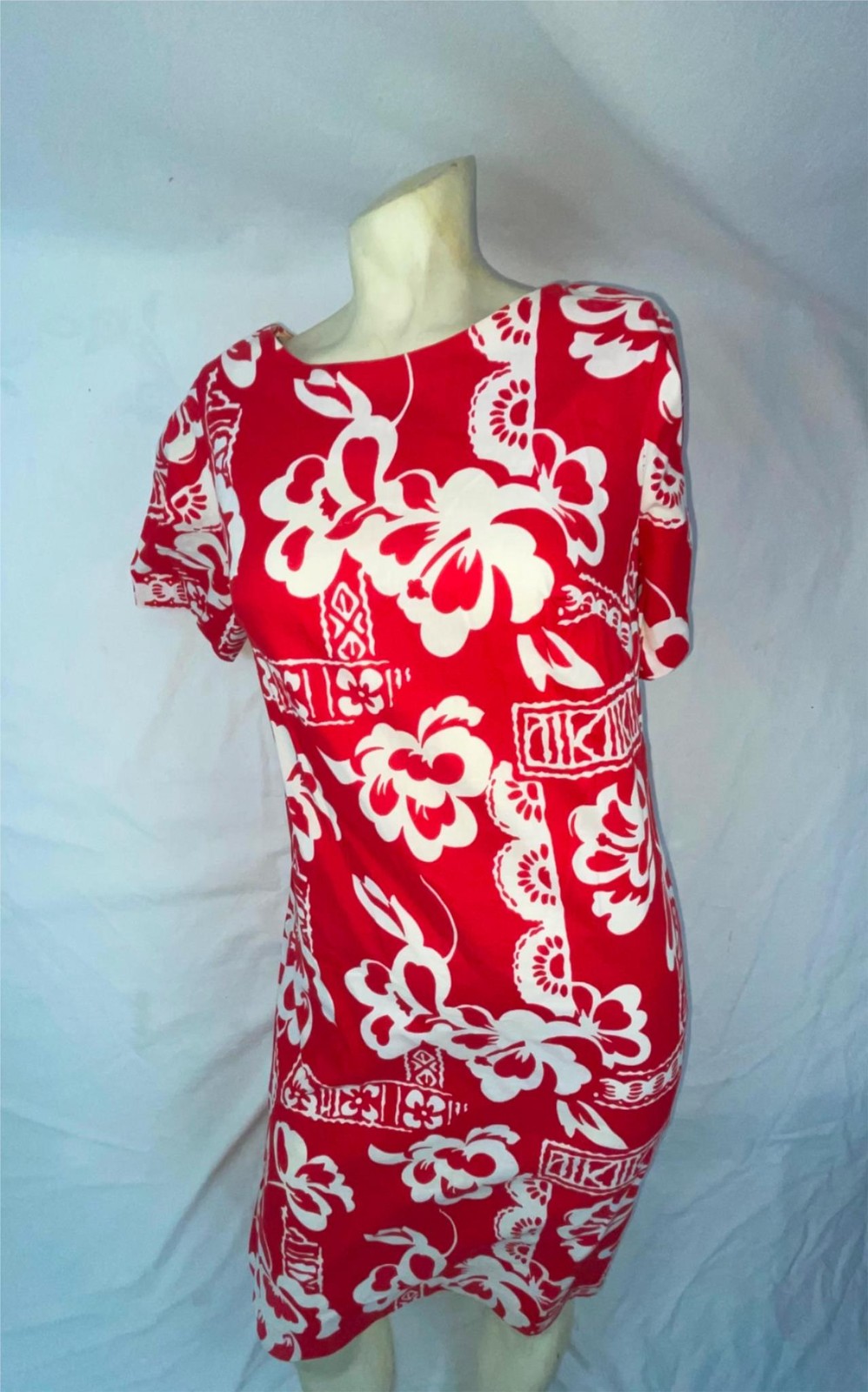 VTG 60S 70S WOMENS S FLORAL FLOWER PRINT RED WHITE COTTON HAWAIIAN DRESS