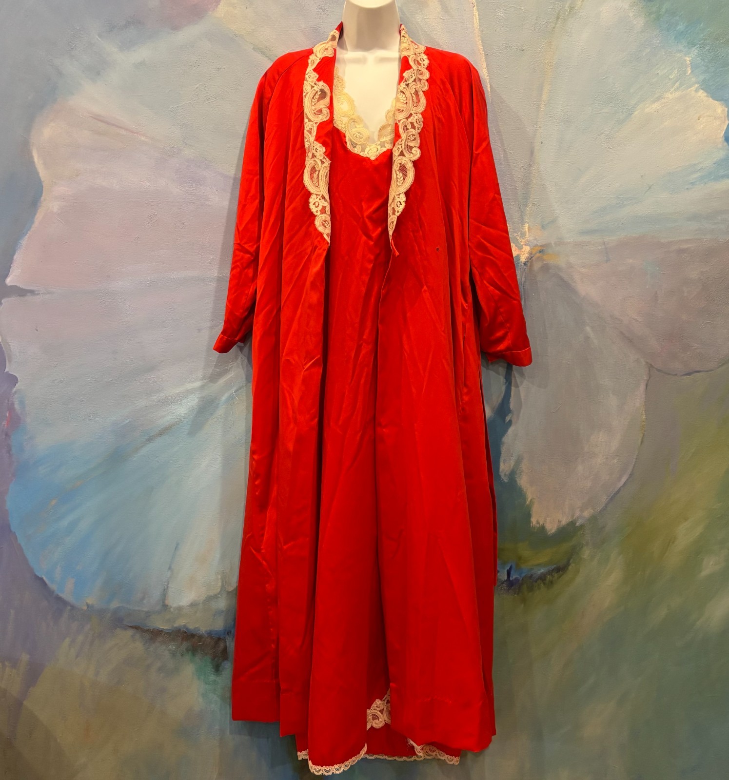 Vtg Satin Red Peignoir Set Lace Trim Robe & Nightgown M Ivory Lace