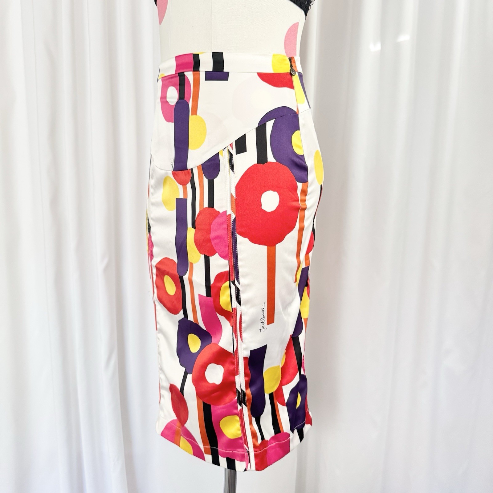 Vintage Y2K Roberto Cavalli Colorful Abstract Shape Silky Midi Skirt Medium Rare