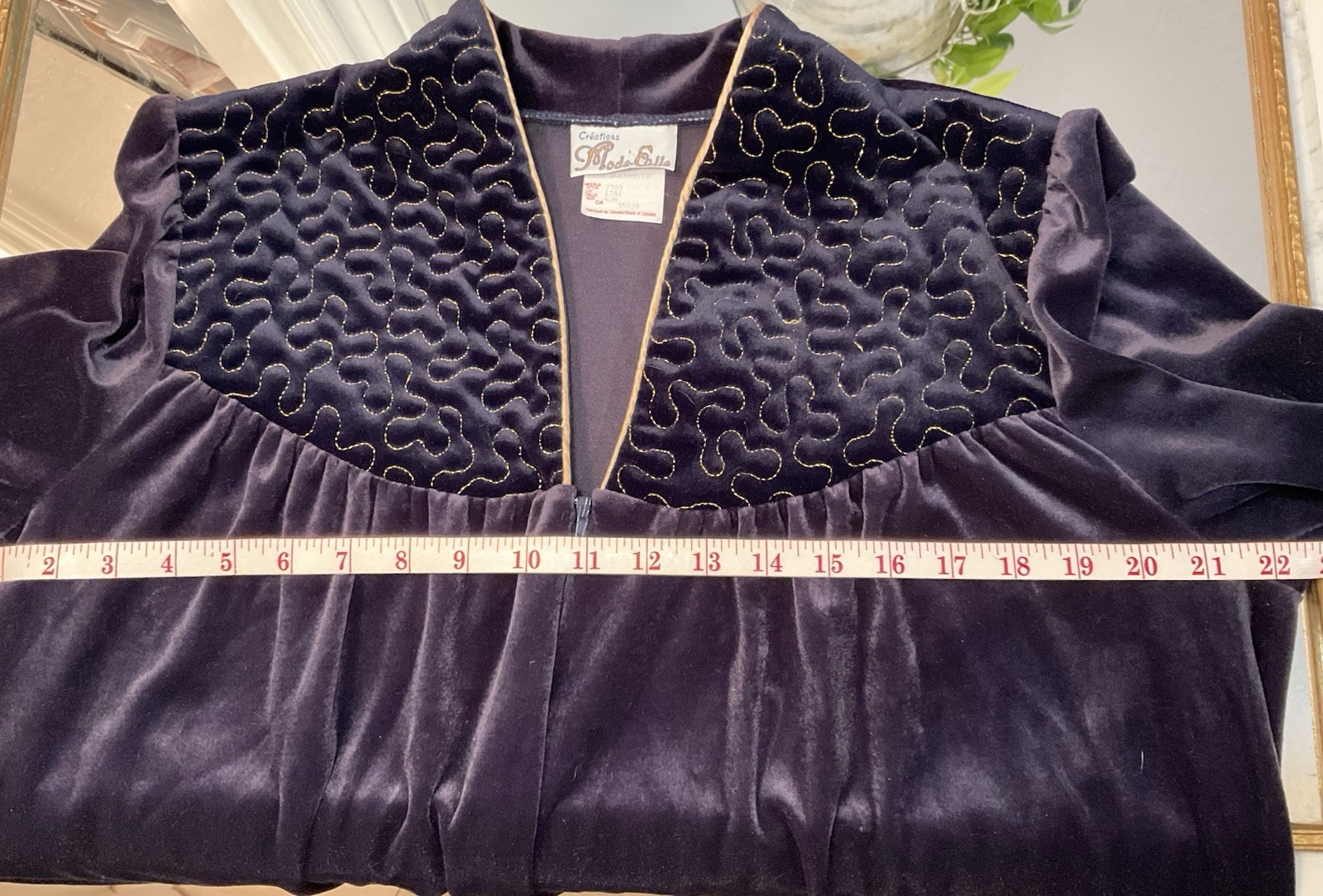 Vintage Mode Elle Velour Robe Housecoat Whimsy Goth Medium Blue With Gold Stitch