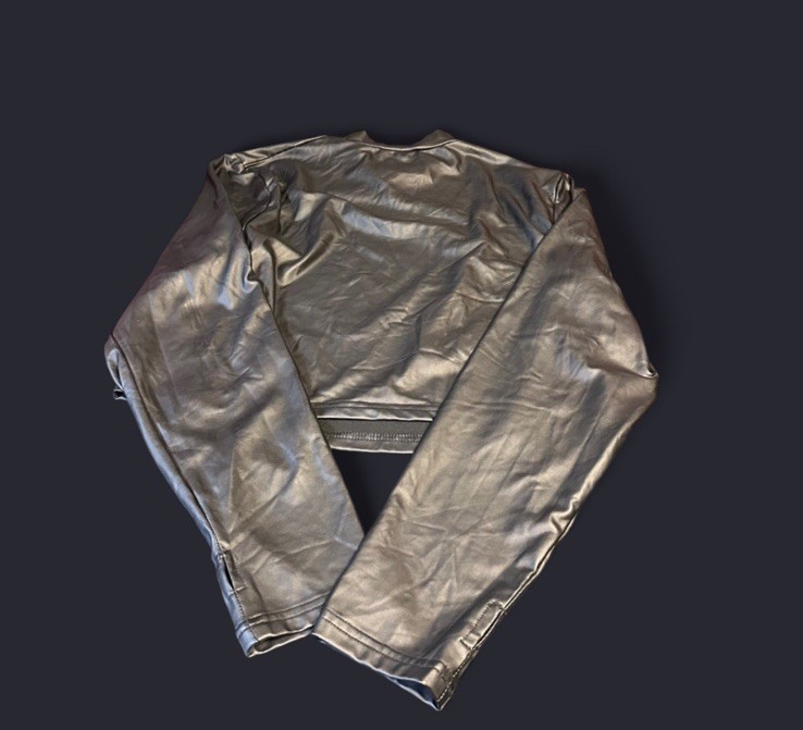 Mandee Black Metallic Lurex Crop Top Vintage Stretch Ruched Sleeve Leather