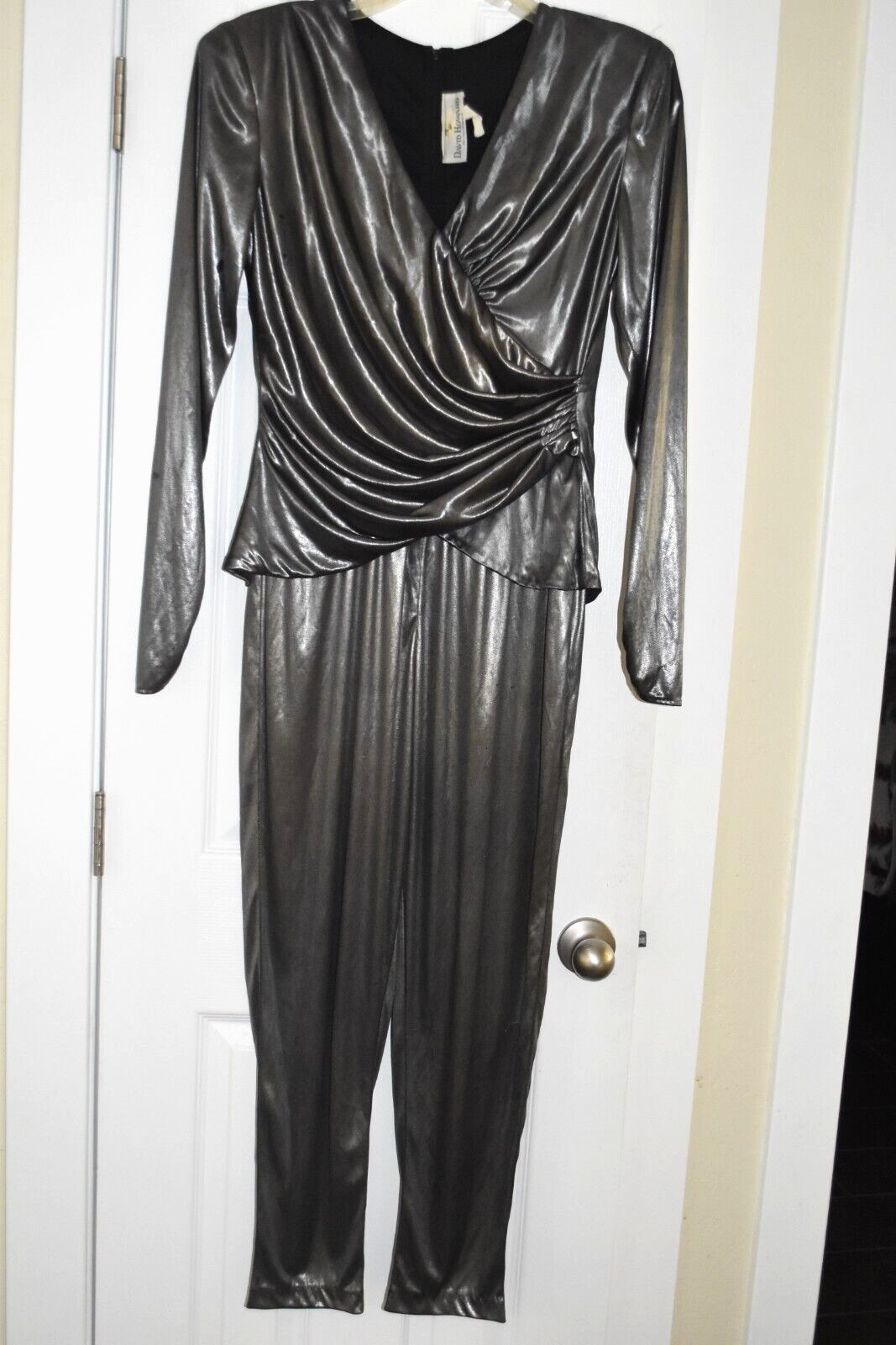 80s DISCO David Howard Silver Metallic Satin Jumpsuit One Piece Lounge petite 12
