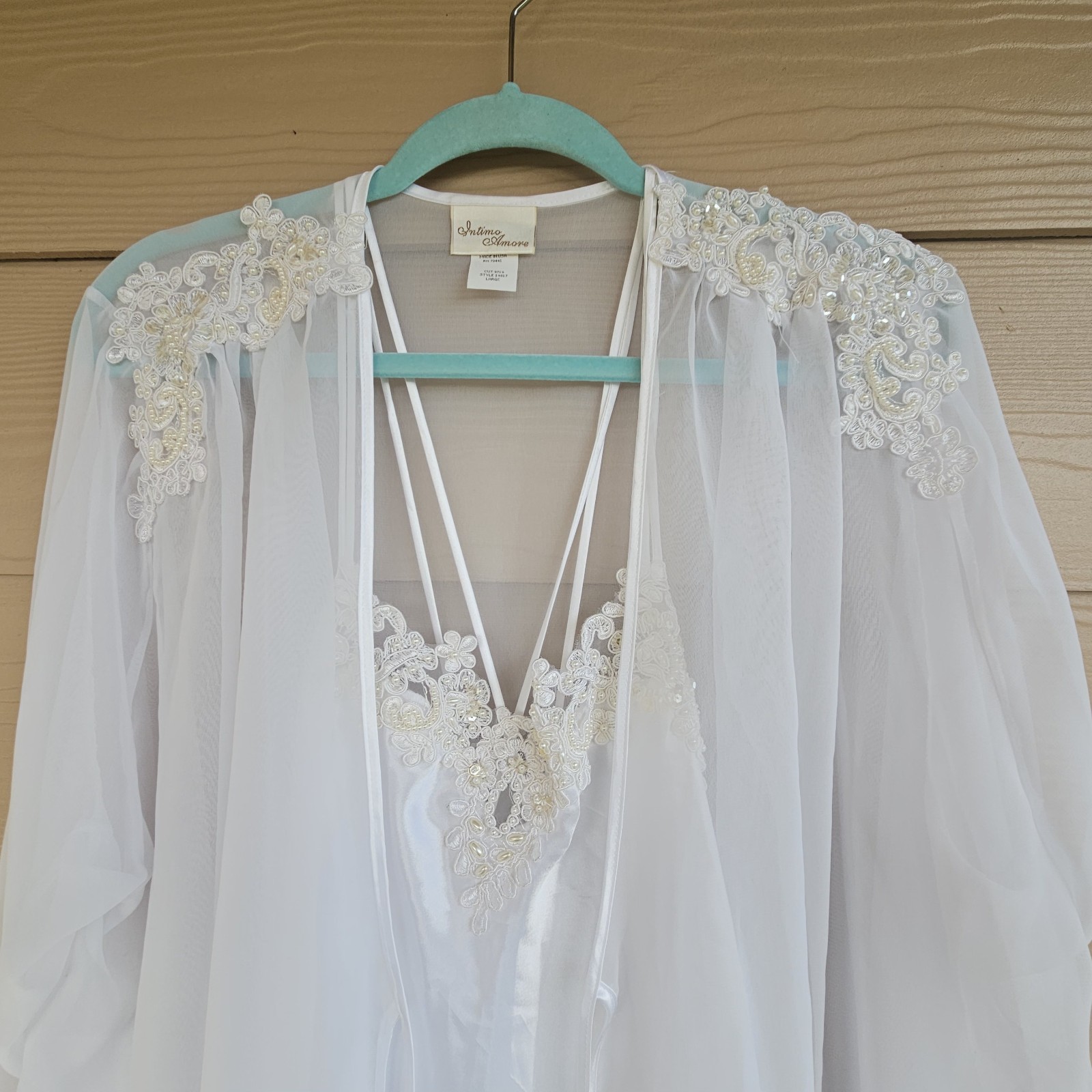 Vintage Intimo Amore White Beaded Satin Bridal Nightgown Sz XL & Sheer Robe Sz L