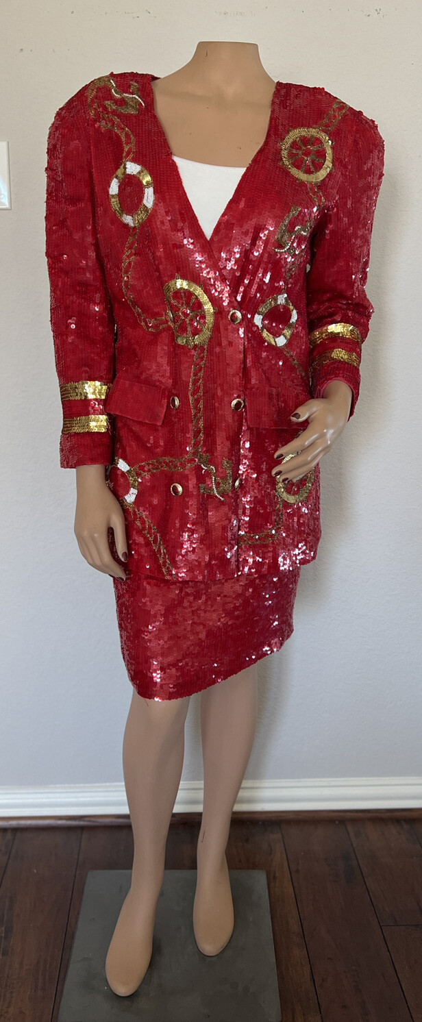 MODI Red Silk Sequin Beaded Double Breasted Nautical Anchor Jacket Skirt Set 6-8
