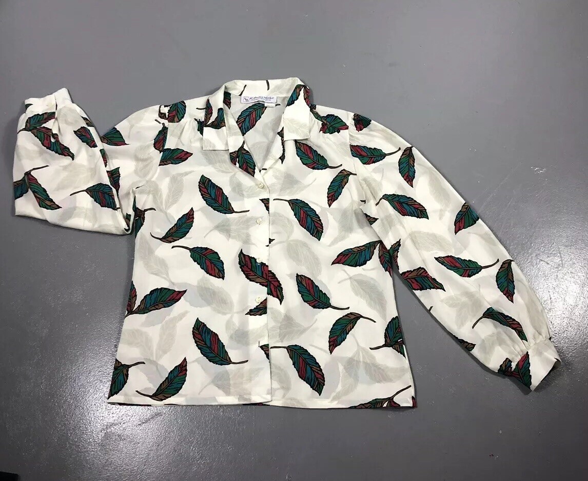 Vintage White Red Green Feather Button Down Long Sleeve Blouse Arabella Blake12