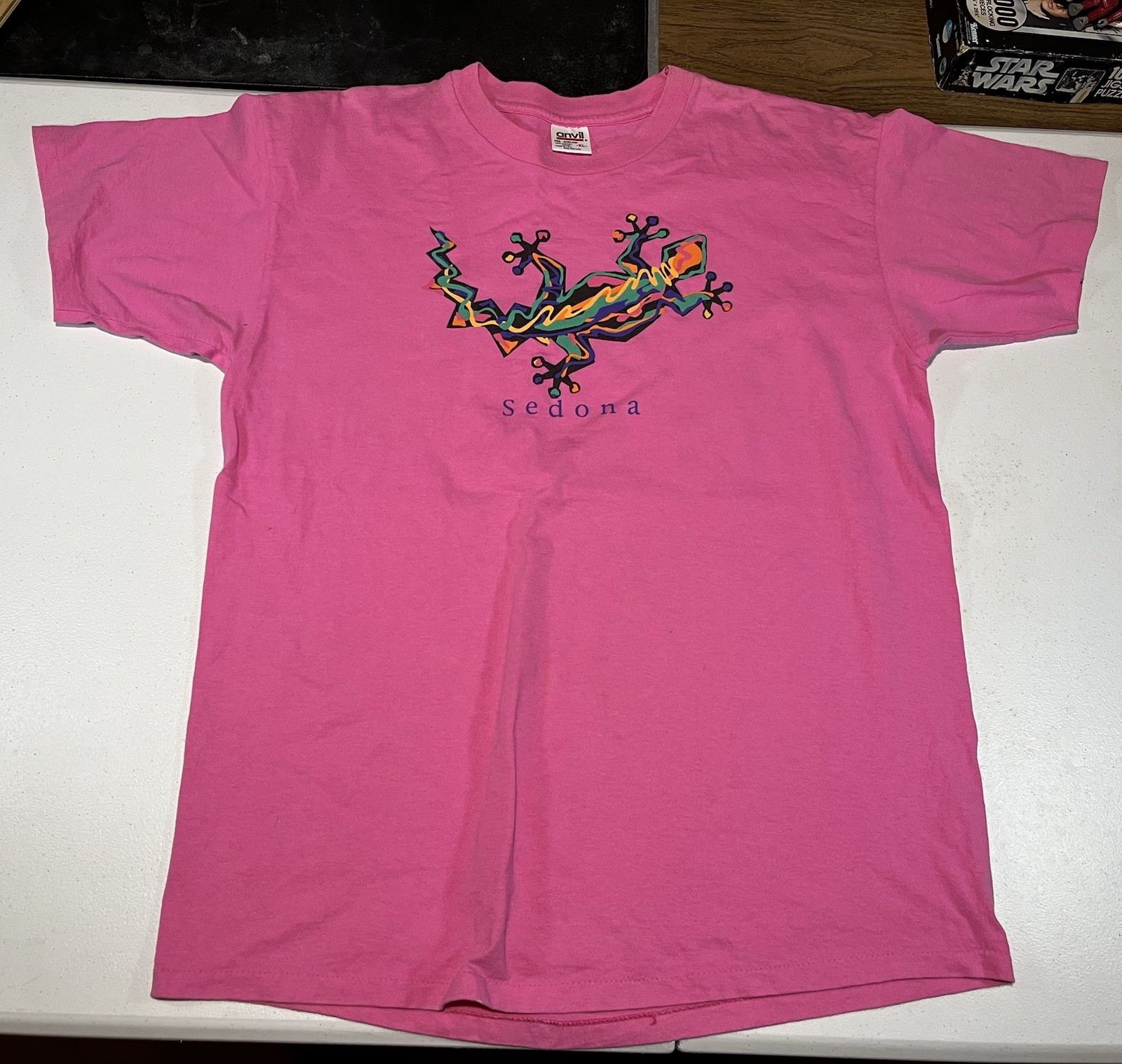 vtg single stitch USA MADE Sedona Arizona lizard XL pink shirt Anvil womens