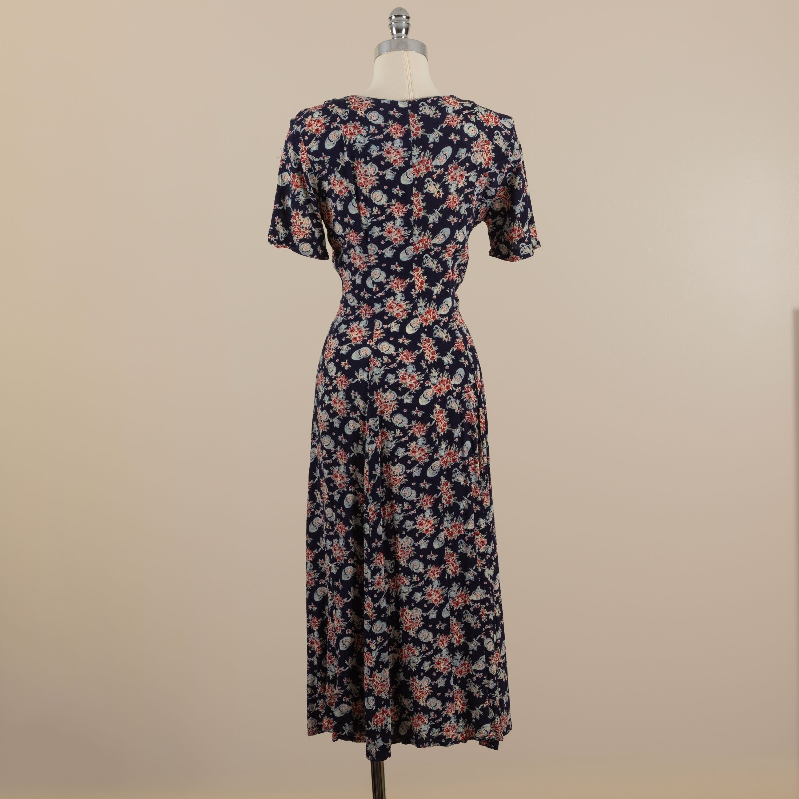 90s Vintage CDC Navy Floral Novelty Print Button Down Midi Dress Grunge 10