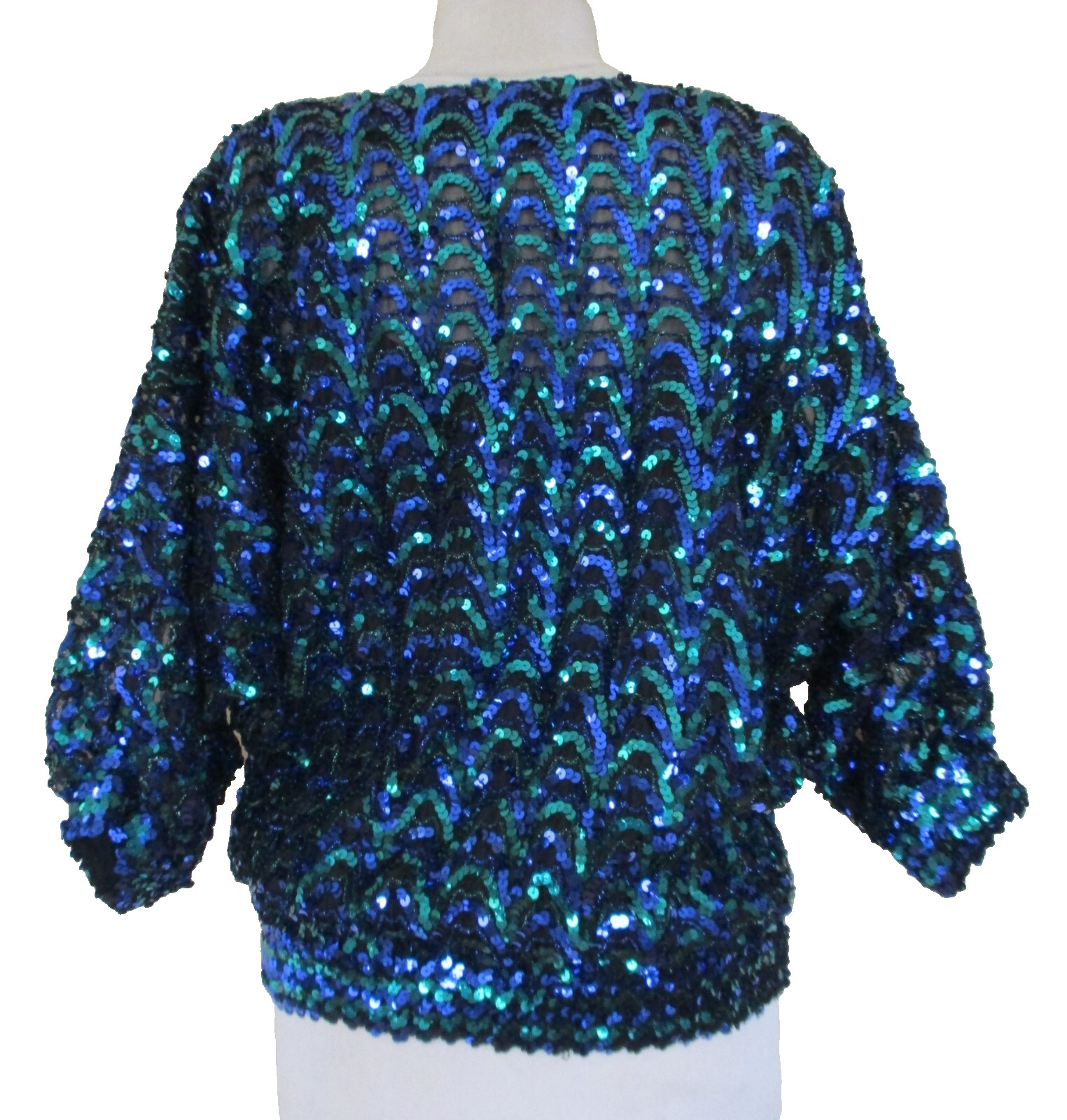 Vintage Three Flaggs Sequin Top M Women Green Blue Black Dolman Sleeve