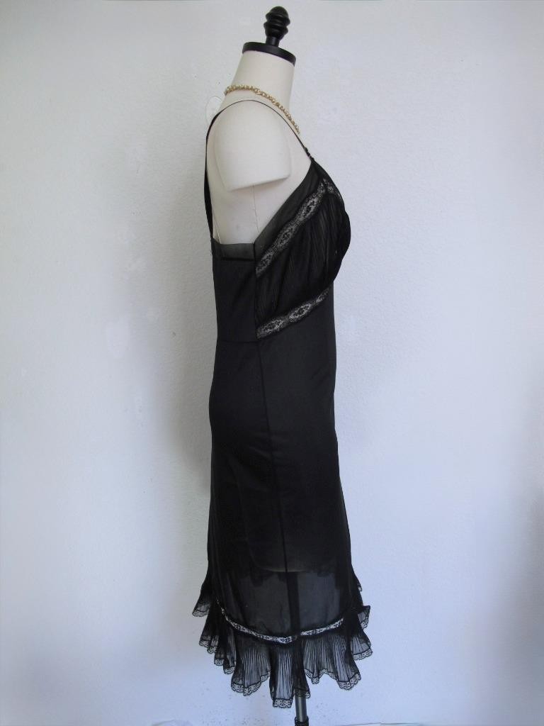 Vintage Youth Form Black Nylon Opaque Full Slip 36 Chiffon Crystal Pleats Ruffle
