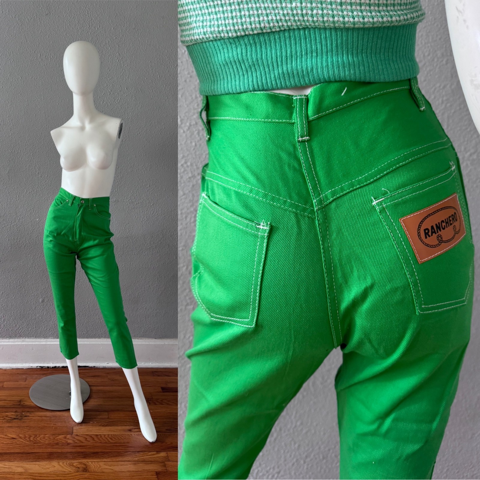 Vintage 70s Green High Rise Pedal Pushers Capri Jean Pants XS