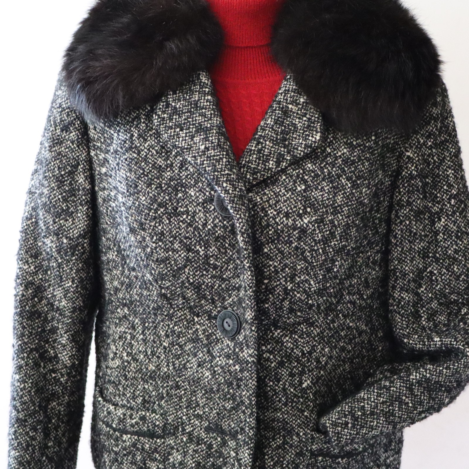 Vtg Jobis High Class Black Tweed Jacket w Black Fur Collar Sz Small Germany