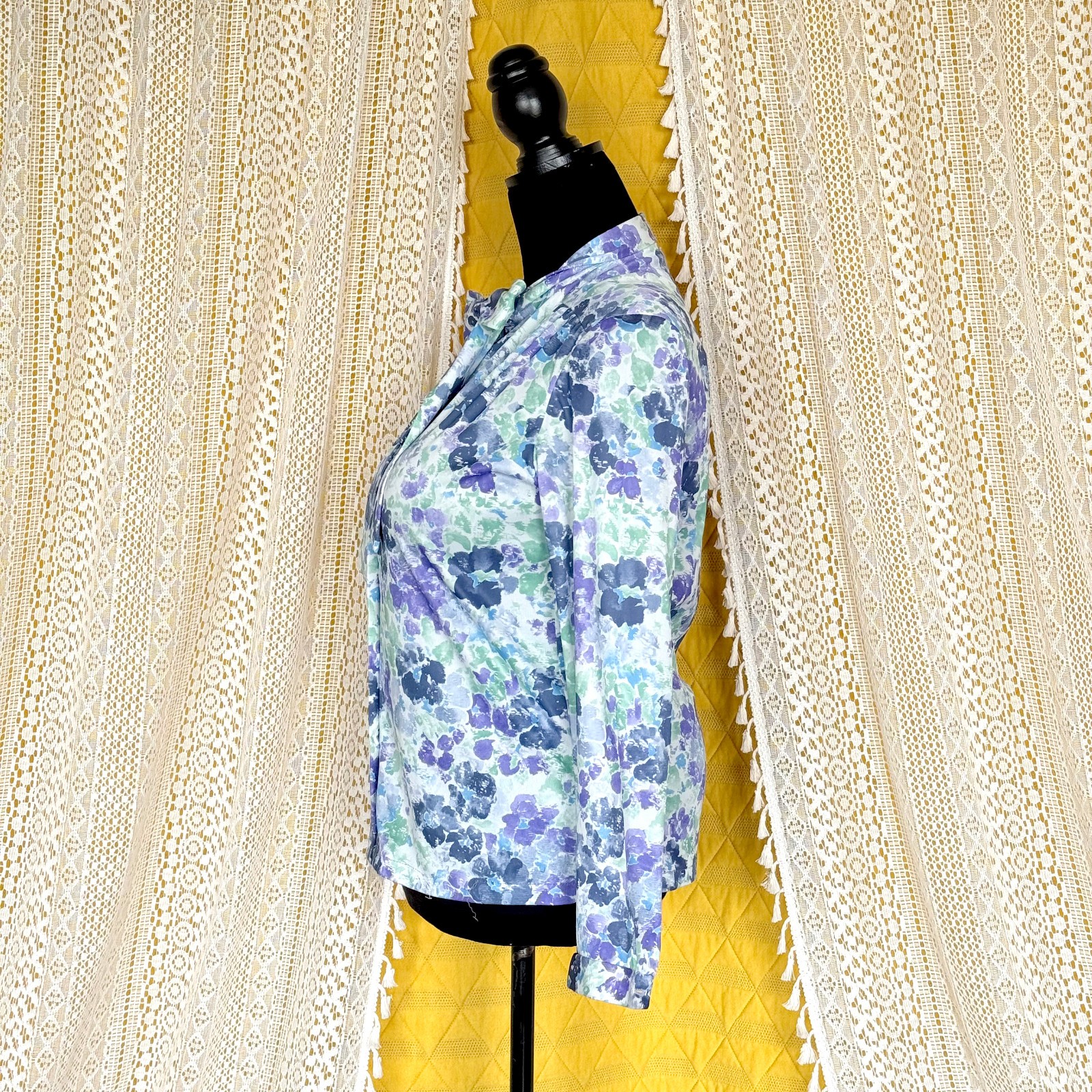 Vintage Secretary Necktie Purple Floral Blouse Size L