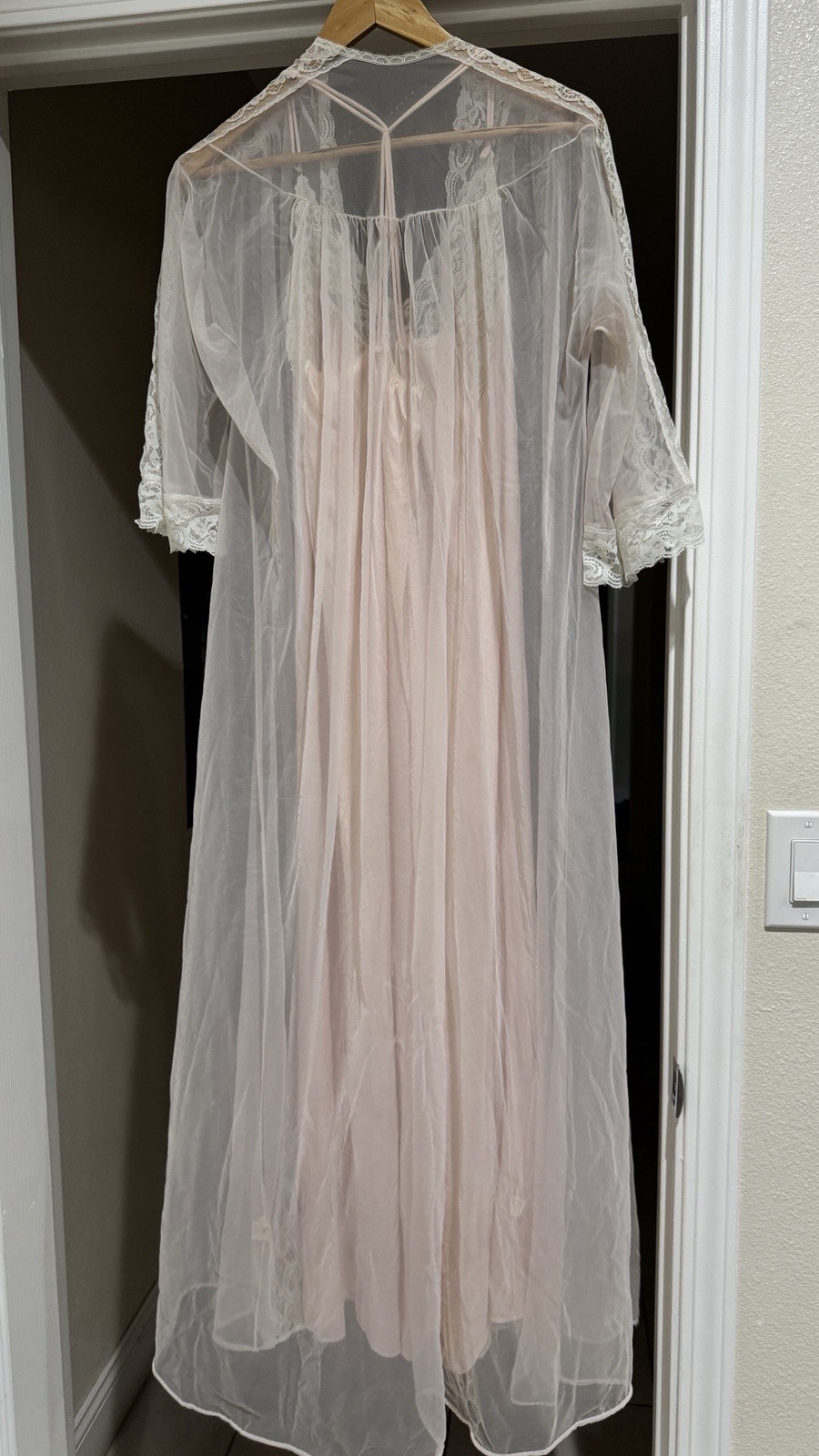 2PC Vintage L-XL 80s peignoir sheer Chiffon 100% Nylon Nightgown & Sheer Robe
