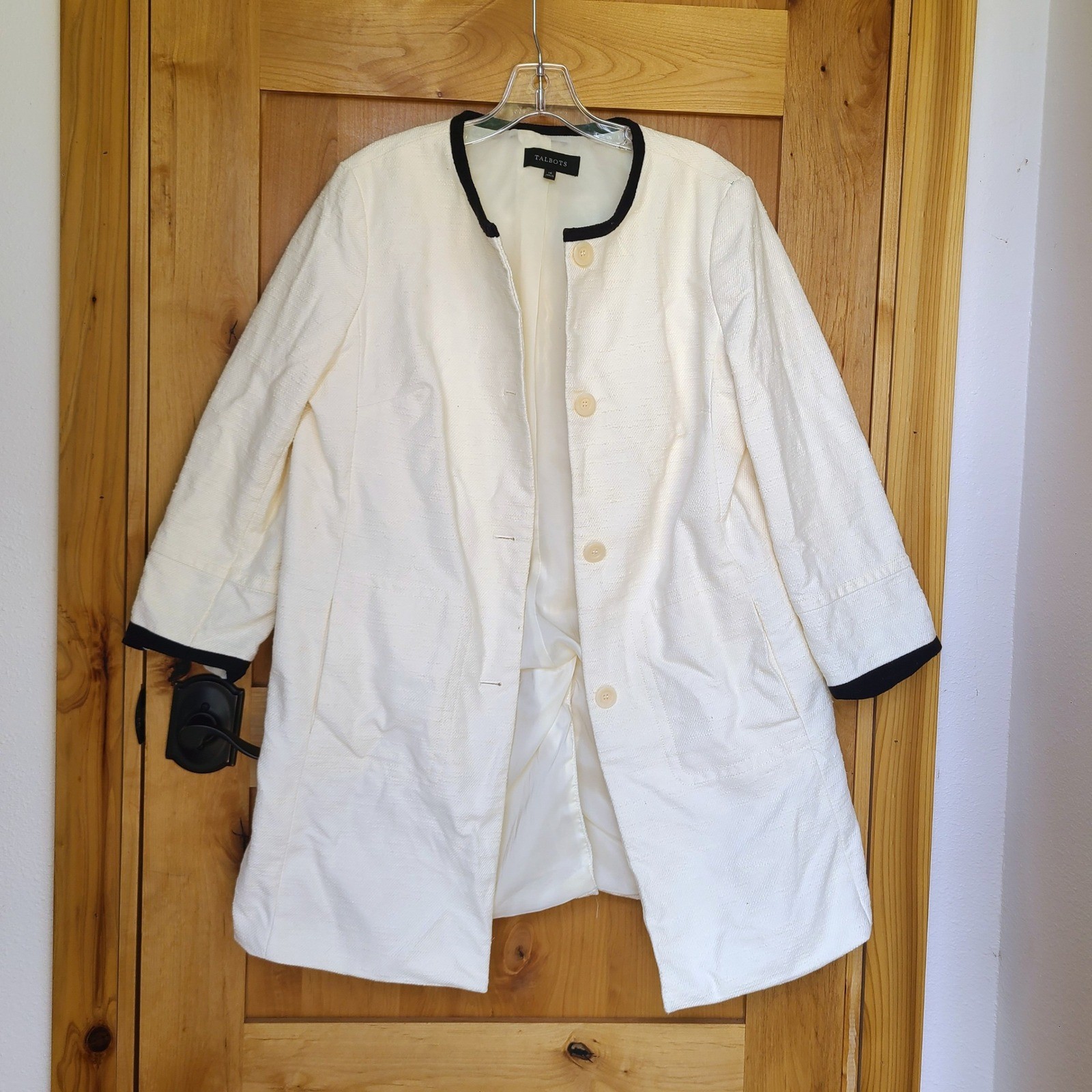 Talbots Sz 14 Cream Cotton Blend Quiet Luxury Old Money Long Line Dress Coat